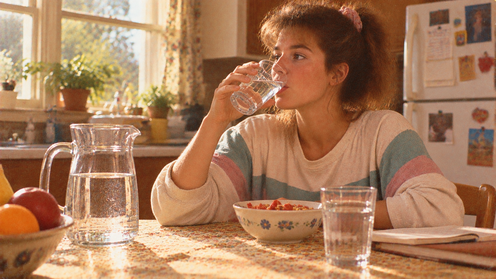 A young woman sits at a kitchen table drinking a glass of water, with a bowl of cereal and a pitcher of water in front of her.