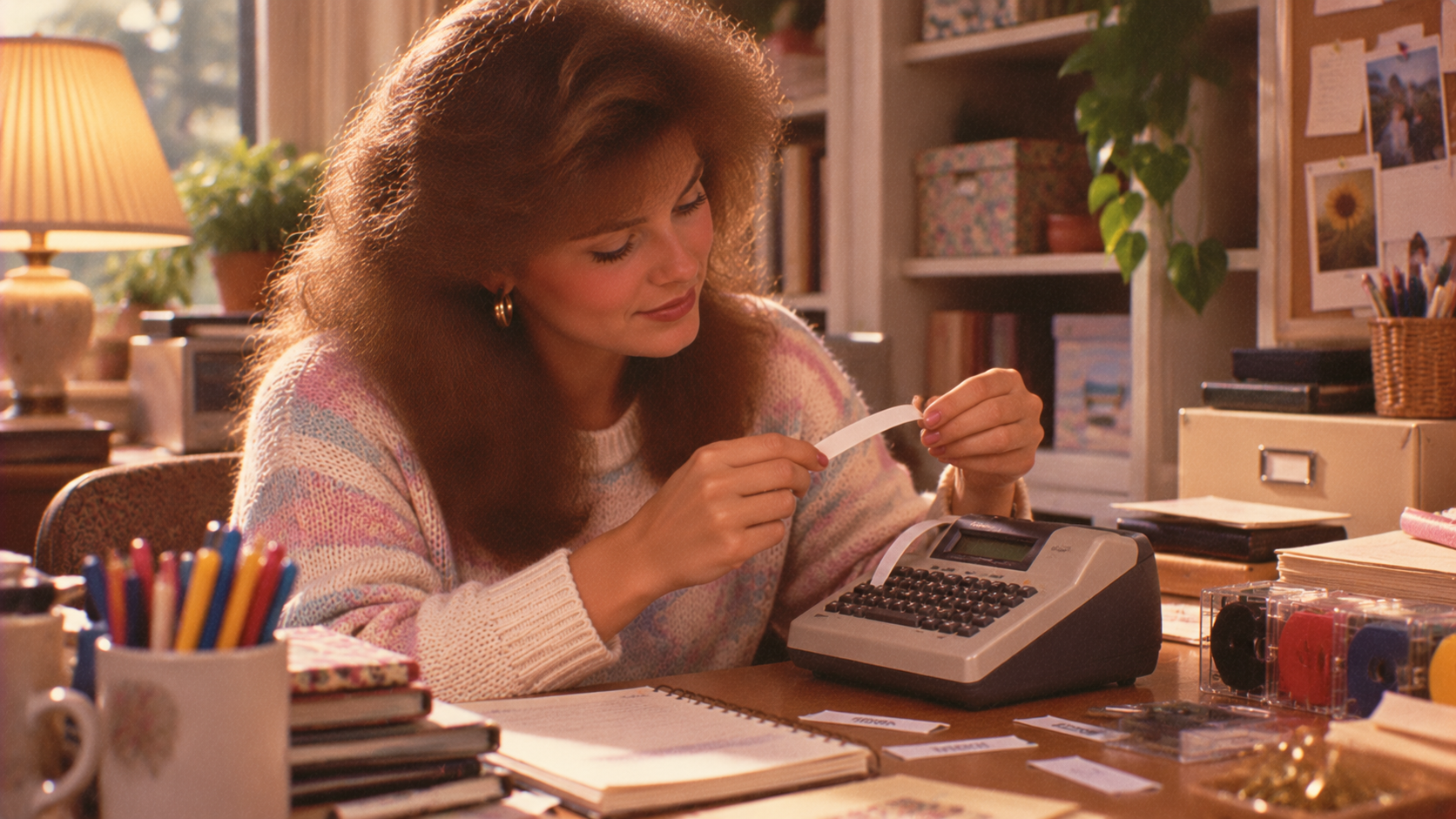 Woman in a pastel sweater uses a label maker at a desk cluttered with office supplies, notebooks, and folders, in a cozy, sunlit room with shelves and plants in the background.