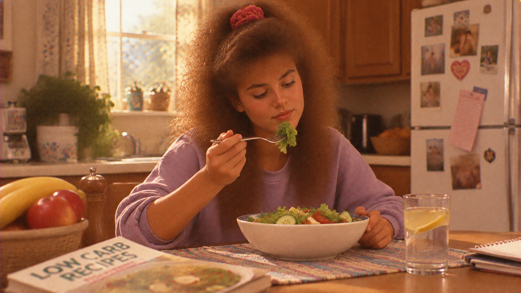 A young woman with curly hair sits at a kitchen table eating a bowl of salad with a fork, with a “Low Carb Recipes” book in the foreground.