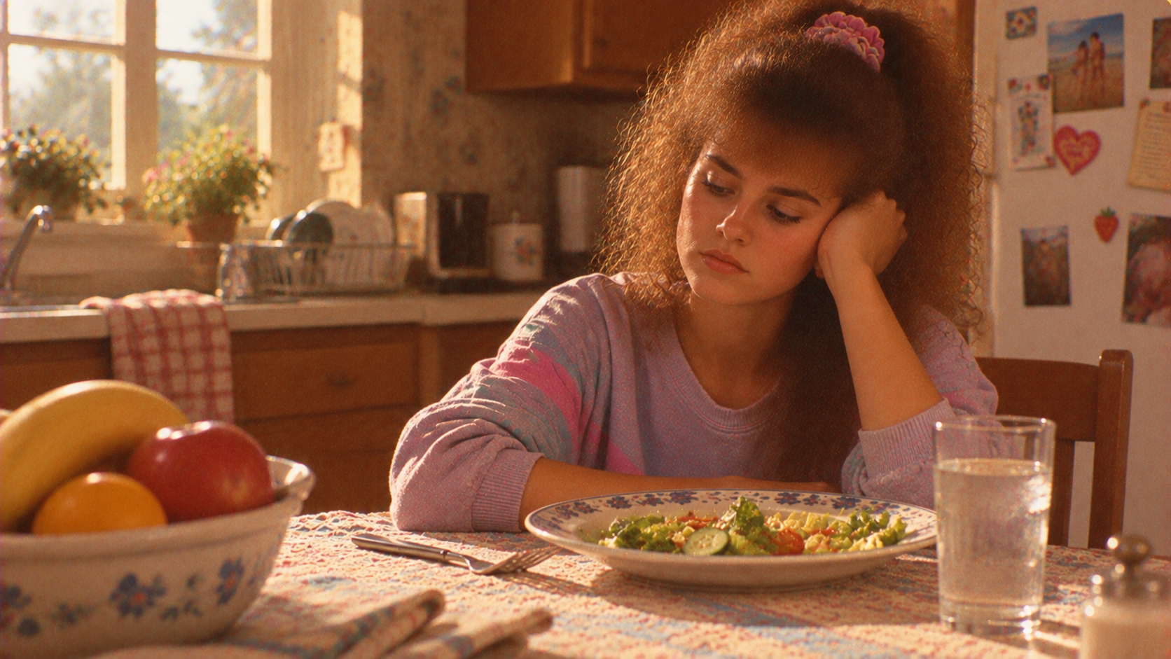 A young woman with voluminous hair rests her head on her hand, looking down at a plate of salad while sitting at a kitchen table.