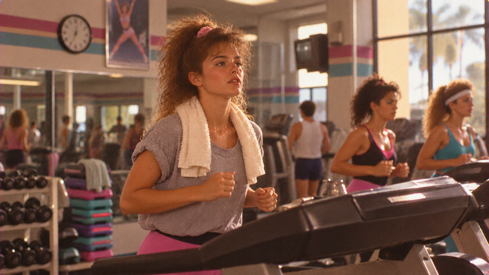 Three women running on treadmills in a 1980s-style fitness center.