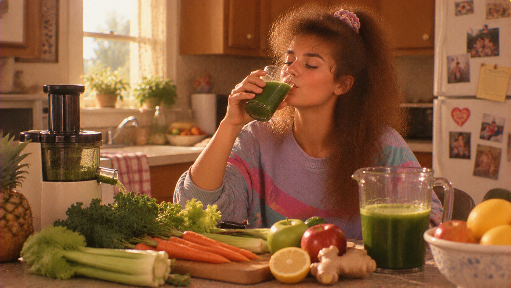 A person drinks a glass of green juice at a kitchen counter filled with fresh vegetables, fruit, and a juicer.
