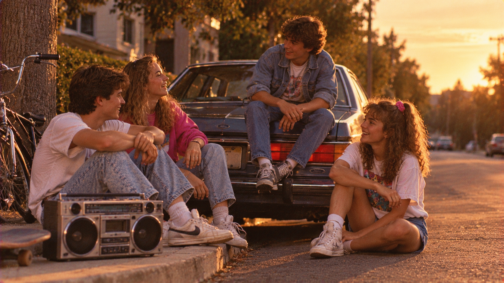Four teenagers hang out in a suburban street during sunset, sitting around a boombox and the back of a parked car.