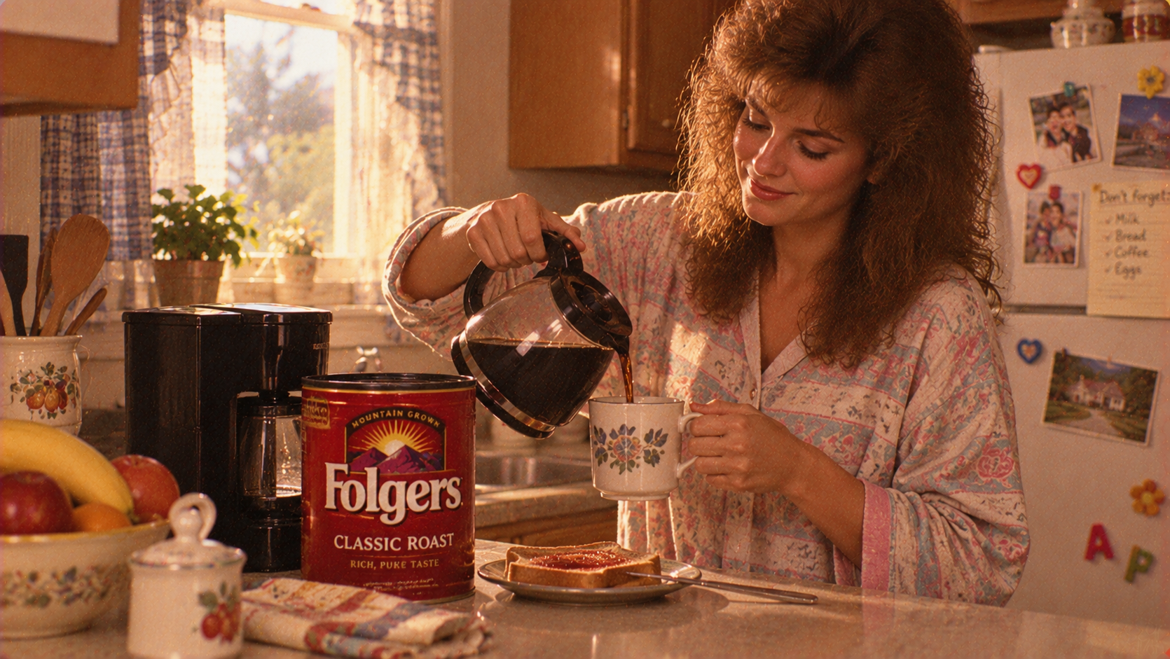 A woman pours coffee from a carafe into a floral mug in a kitchen, next to a canister of Folgers coffee and a piece of toast.