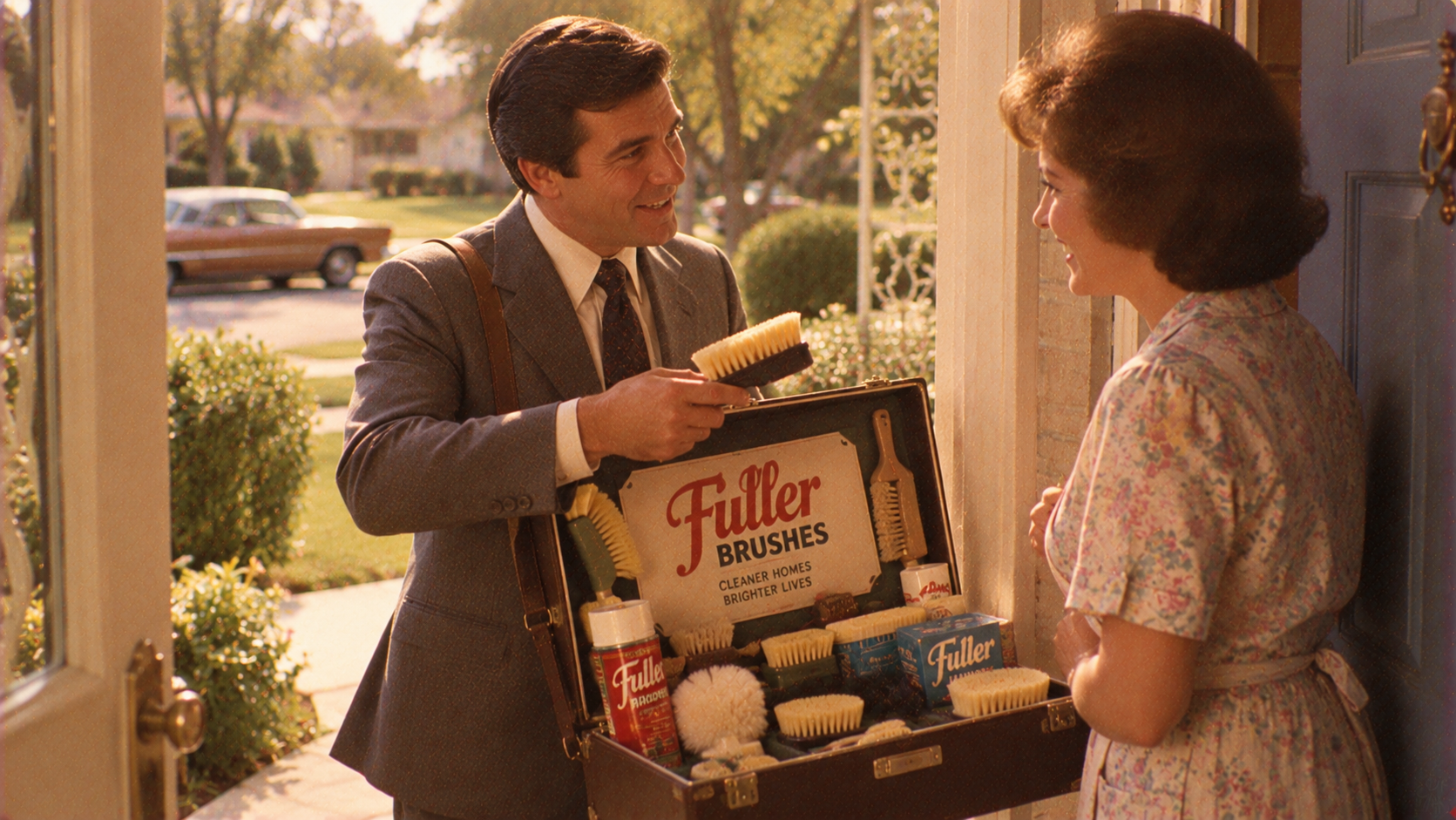 A man in a suit displays a case of Fuller Brushes to a woman standing in her doorway.