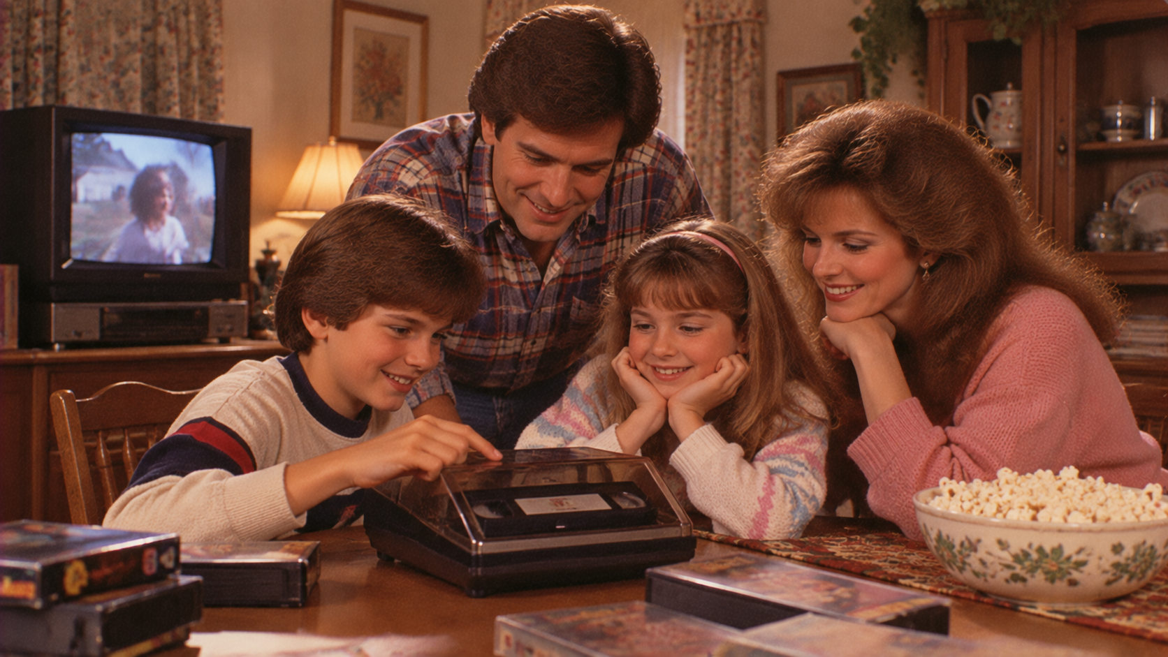 A smiling family gathers around a VCR as a boy inserts a VHS tape. Popcorn sits on the table, with VHS tapes nearby. A woman appears on the TV in the background. The scene feels cozy and nostalgic.