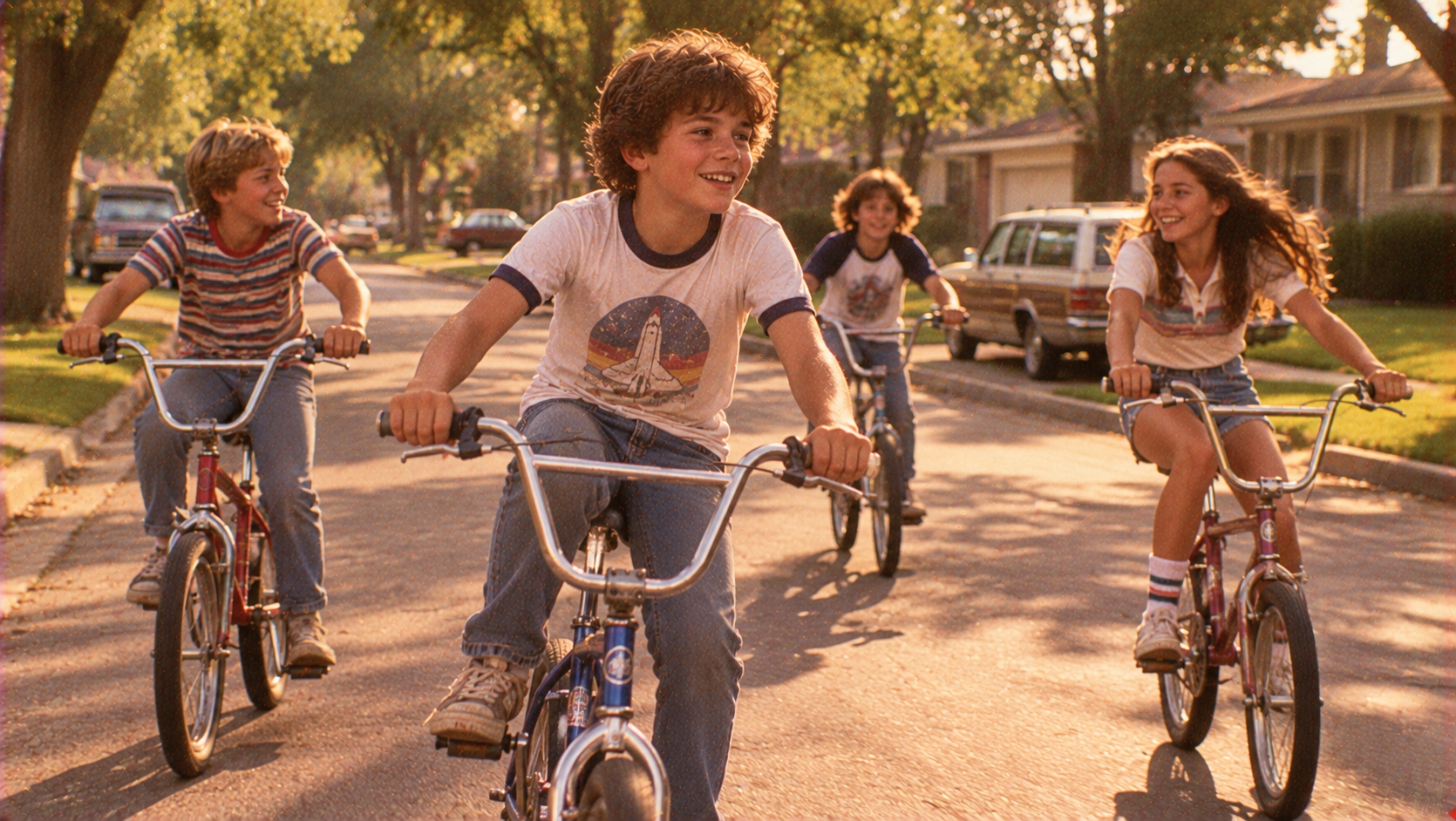Four children ride bicycles down a sunlit suburban street.