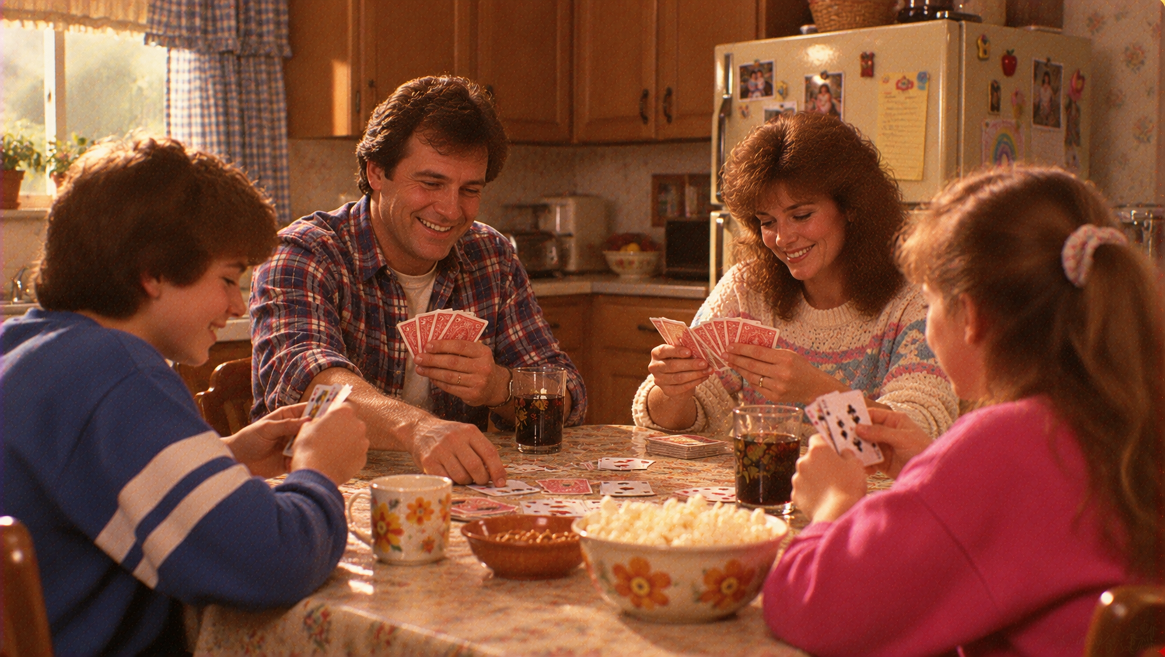 A family of four sits around a kitchen table playing a card game with snacks.
