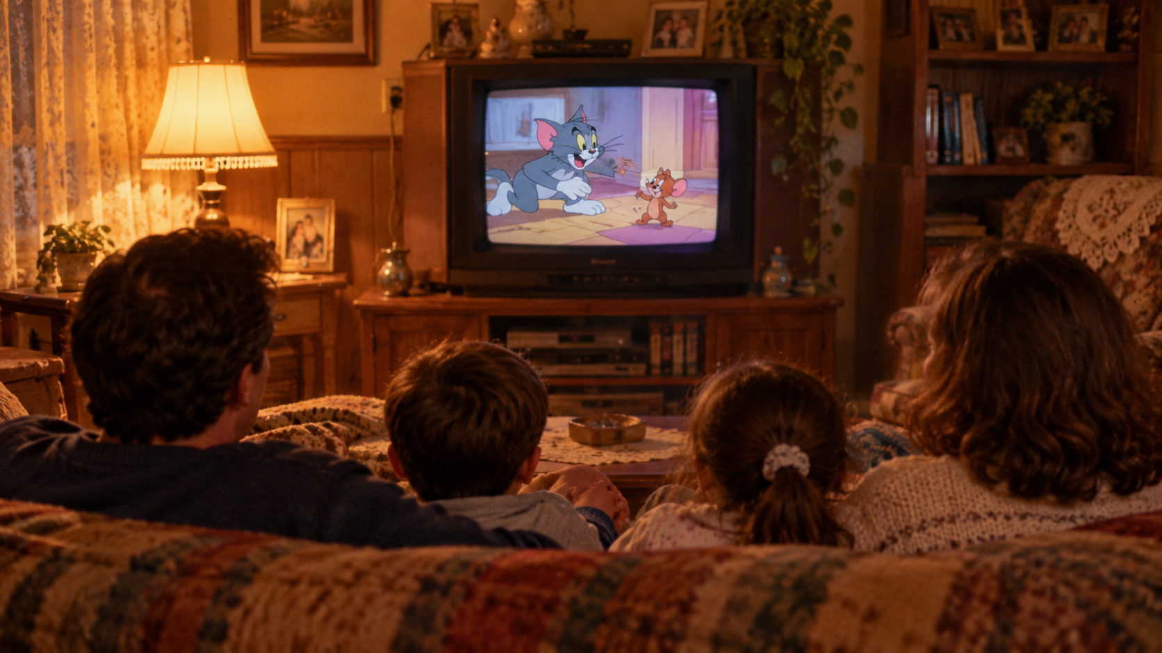 A family sitting on a sofa watching Tom and Jerry on a vintage television.