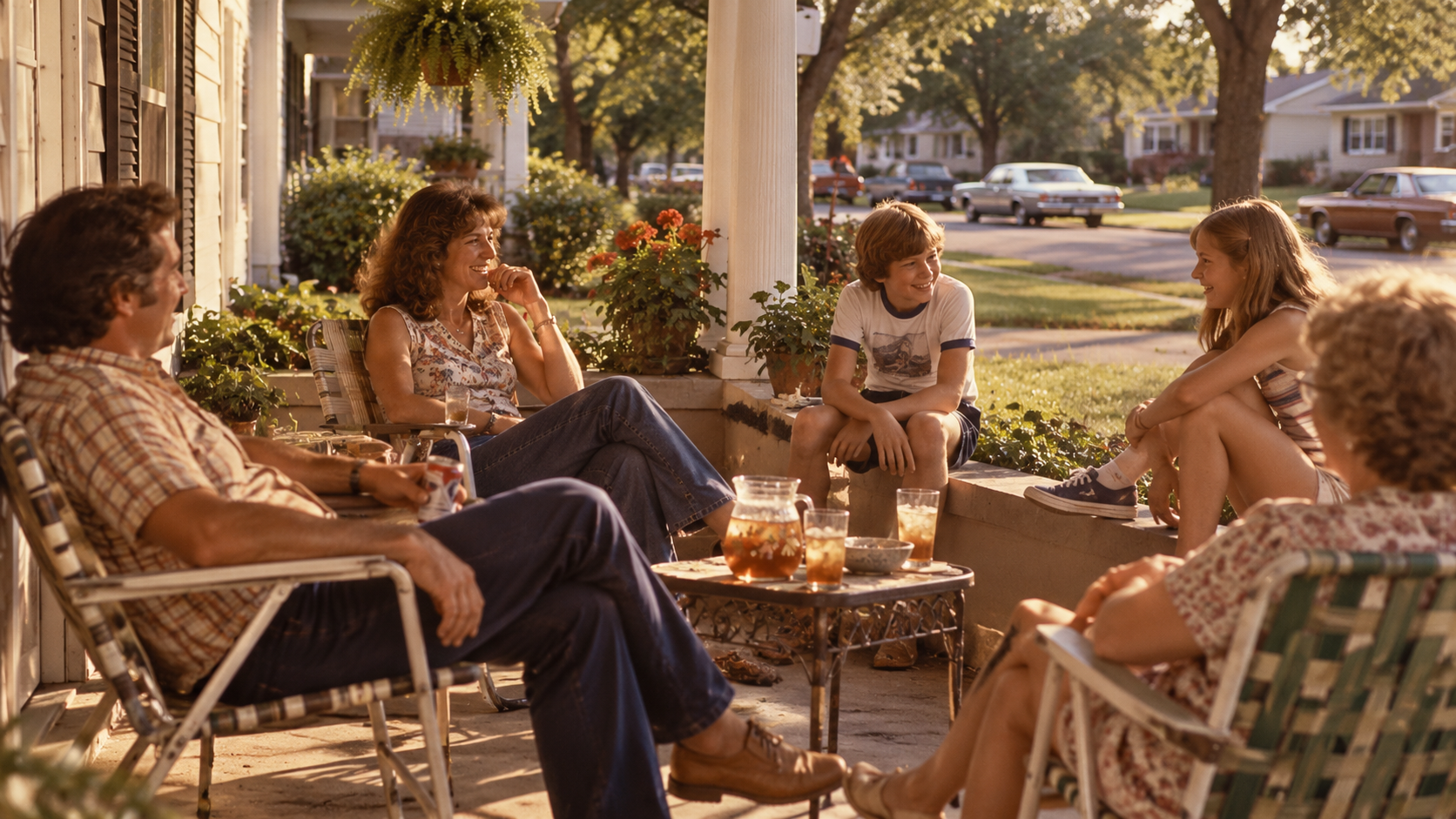 A family sits together on a suburban front porch on a sunny day.