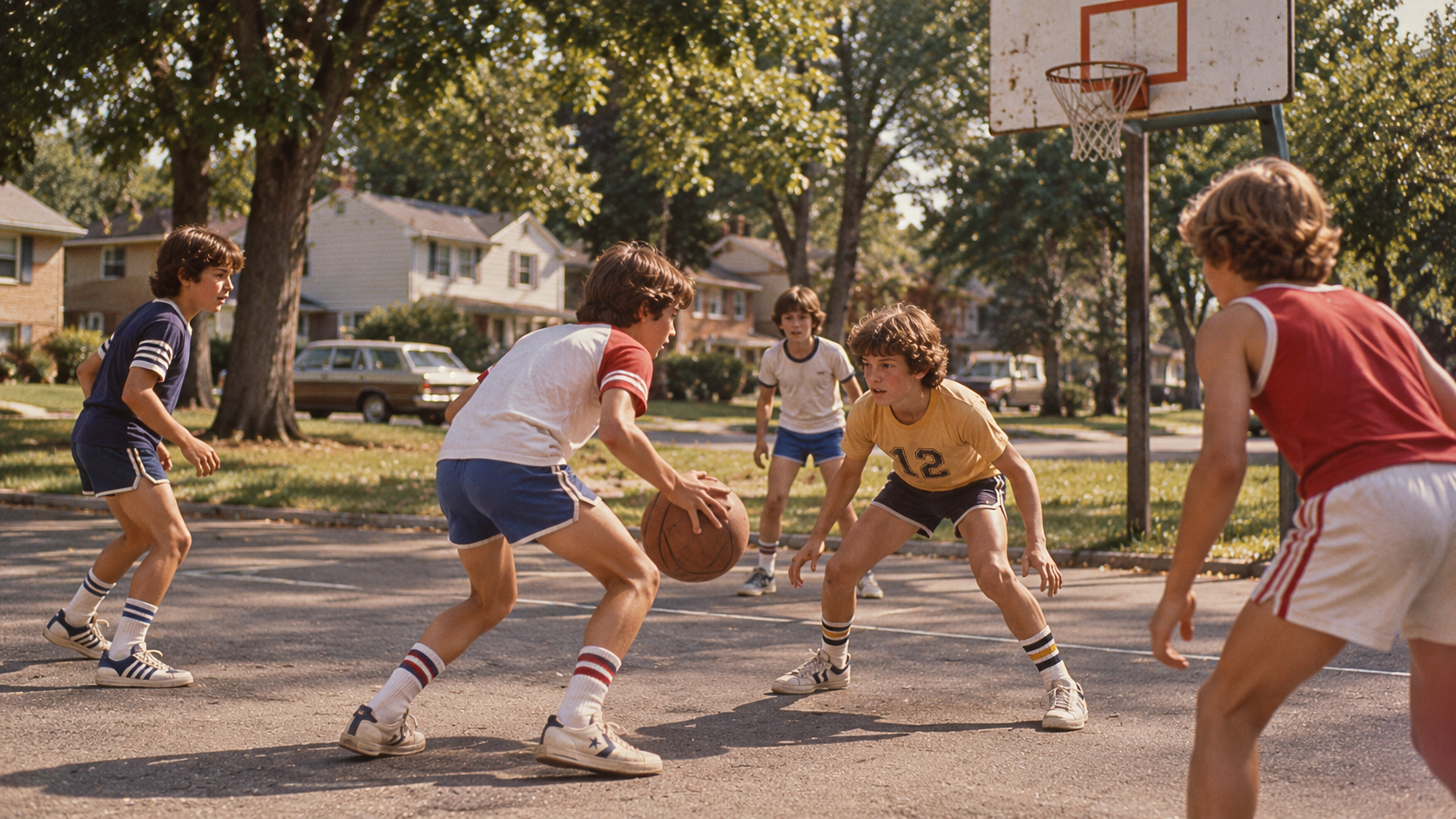 Five children playing a game of basketball on an outdoor court.