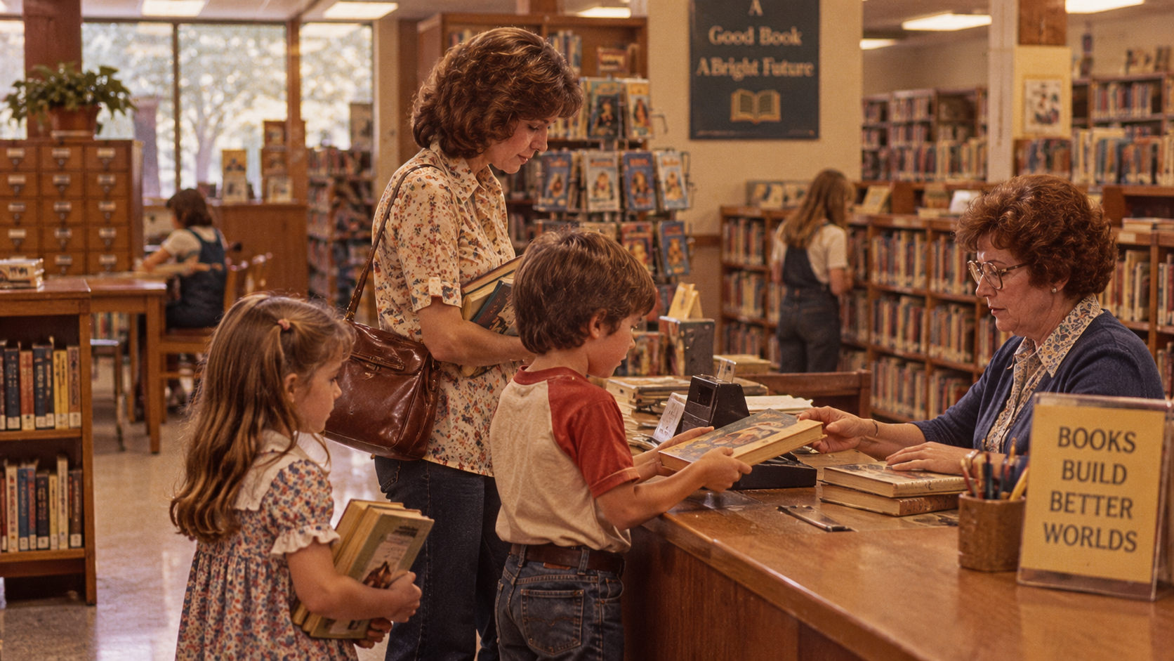 A librarian at a library desk helps a woman and two children with books, next to a sign that reads, “Books Build Better Worlds.”