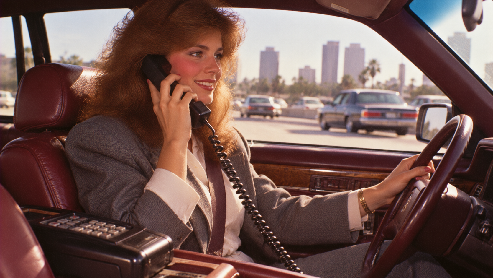 A woman in a gray suit drives a car while talking on a car phone. She smiles, with one hand on the steering wheel, and city buildings are visible through the window in the background.