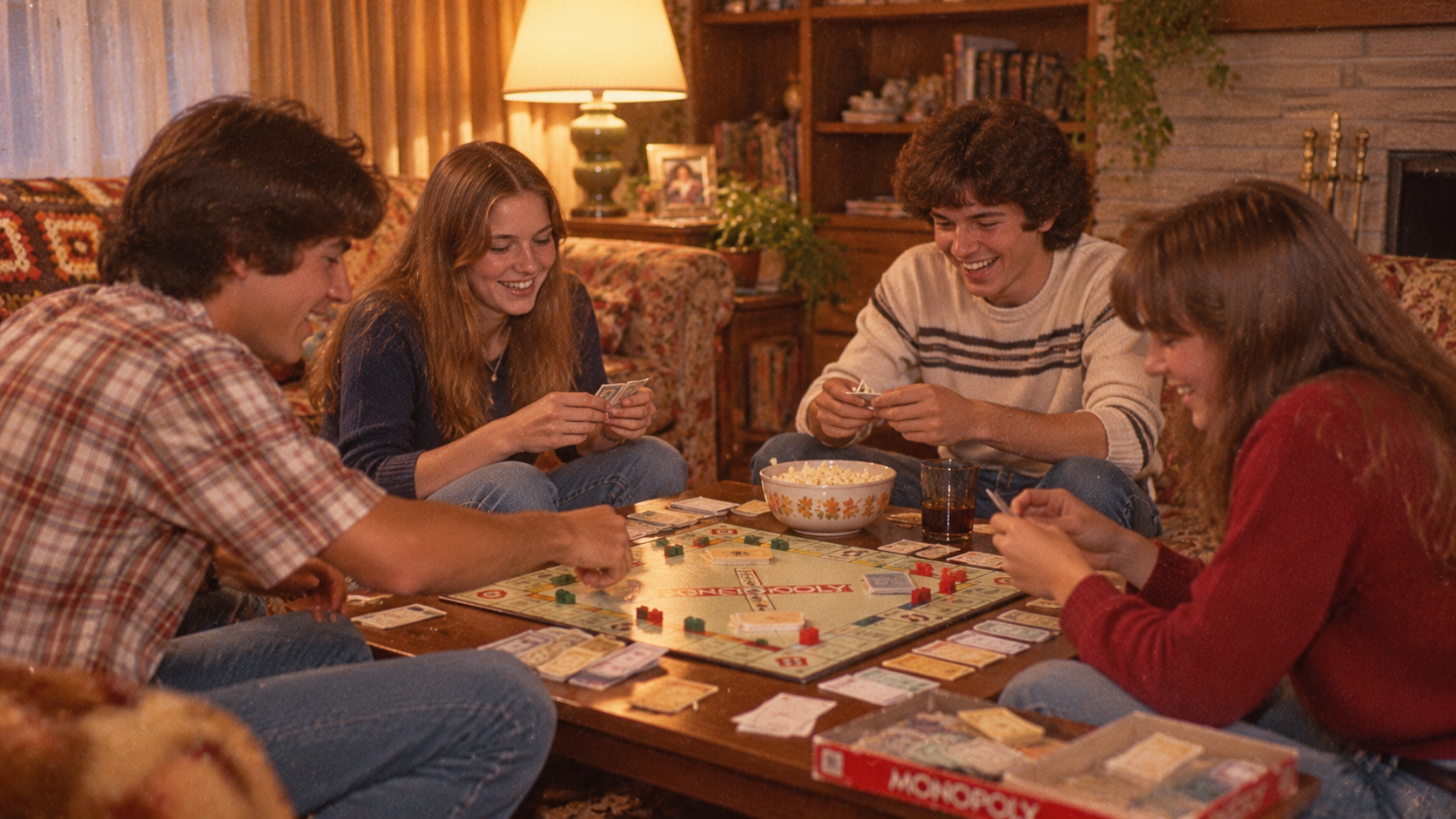 Four young adults sitting around a coffee table playing a game of Monopoly in a living room.