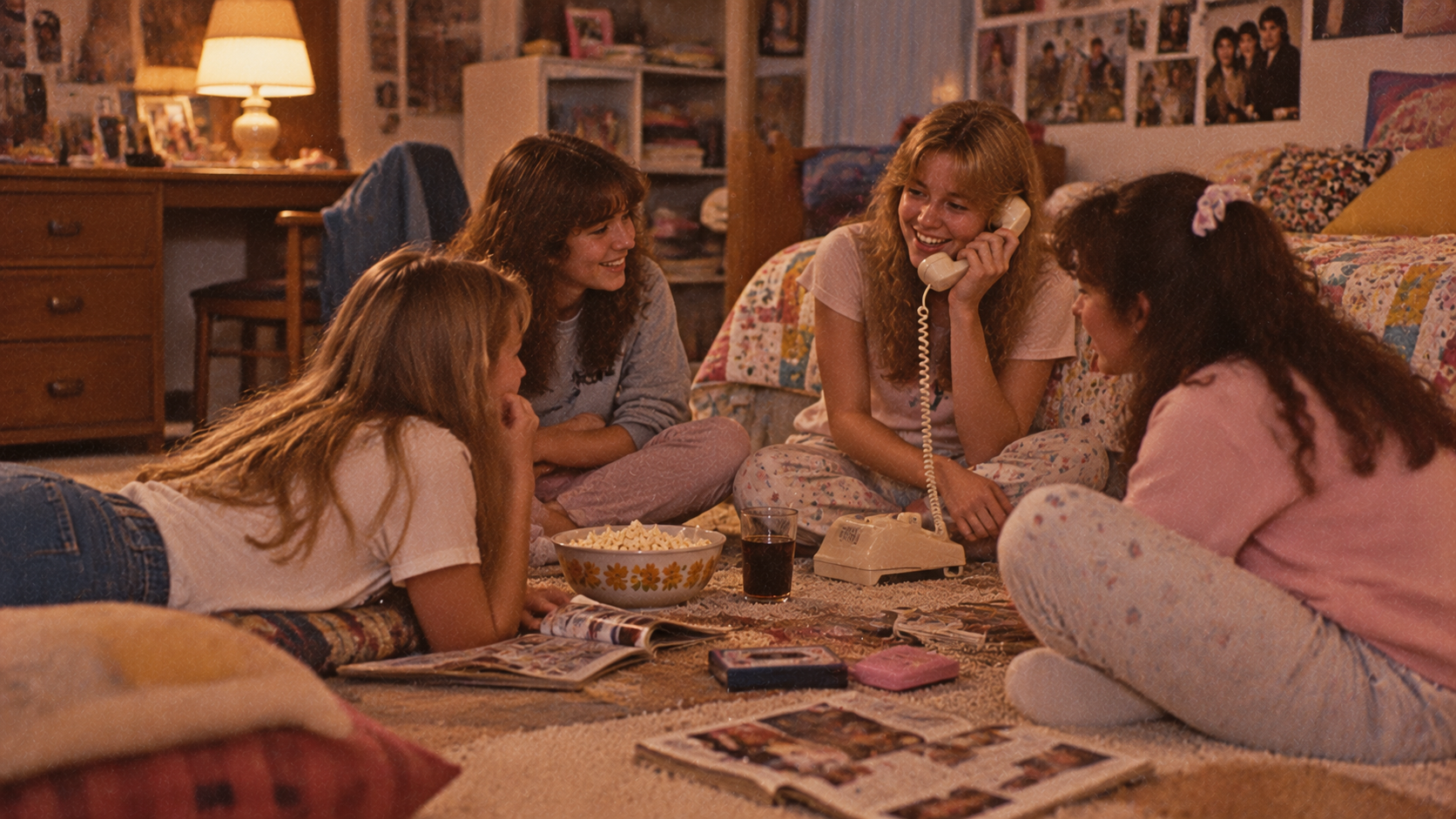 Four teenage girls sitting on the floor of a bedroom, talking and laughing around a bowl of popcorn and a corded rotary phone.