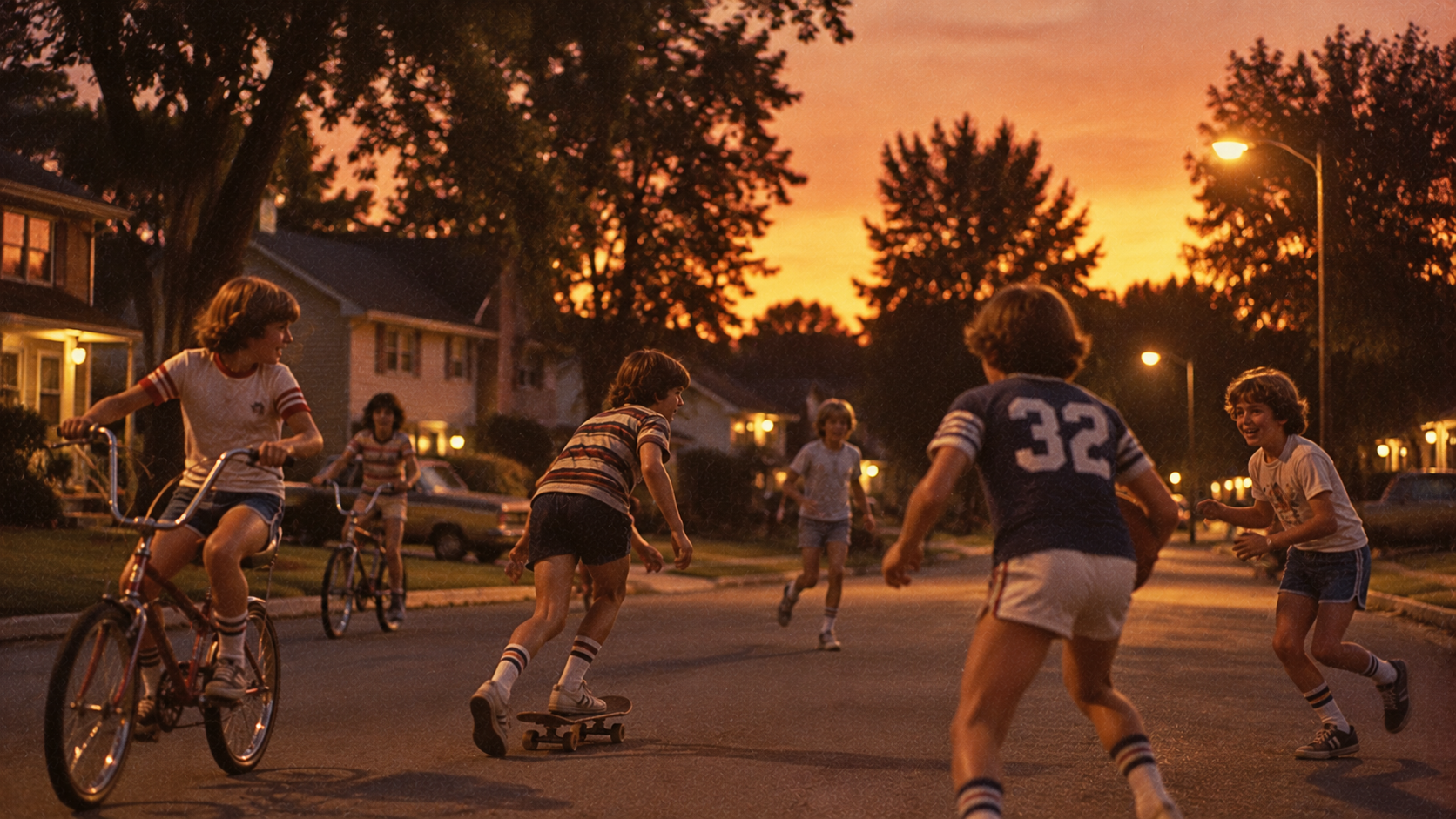 A group of children play in a suburban street at sunset; one rides a bicycle, another a skateboard, and two others run.