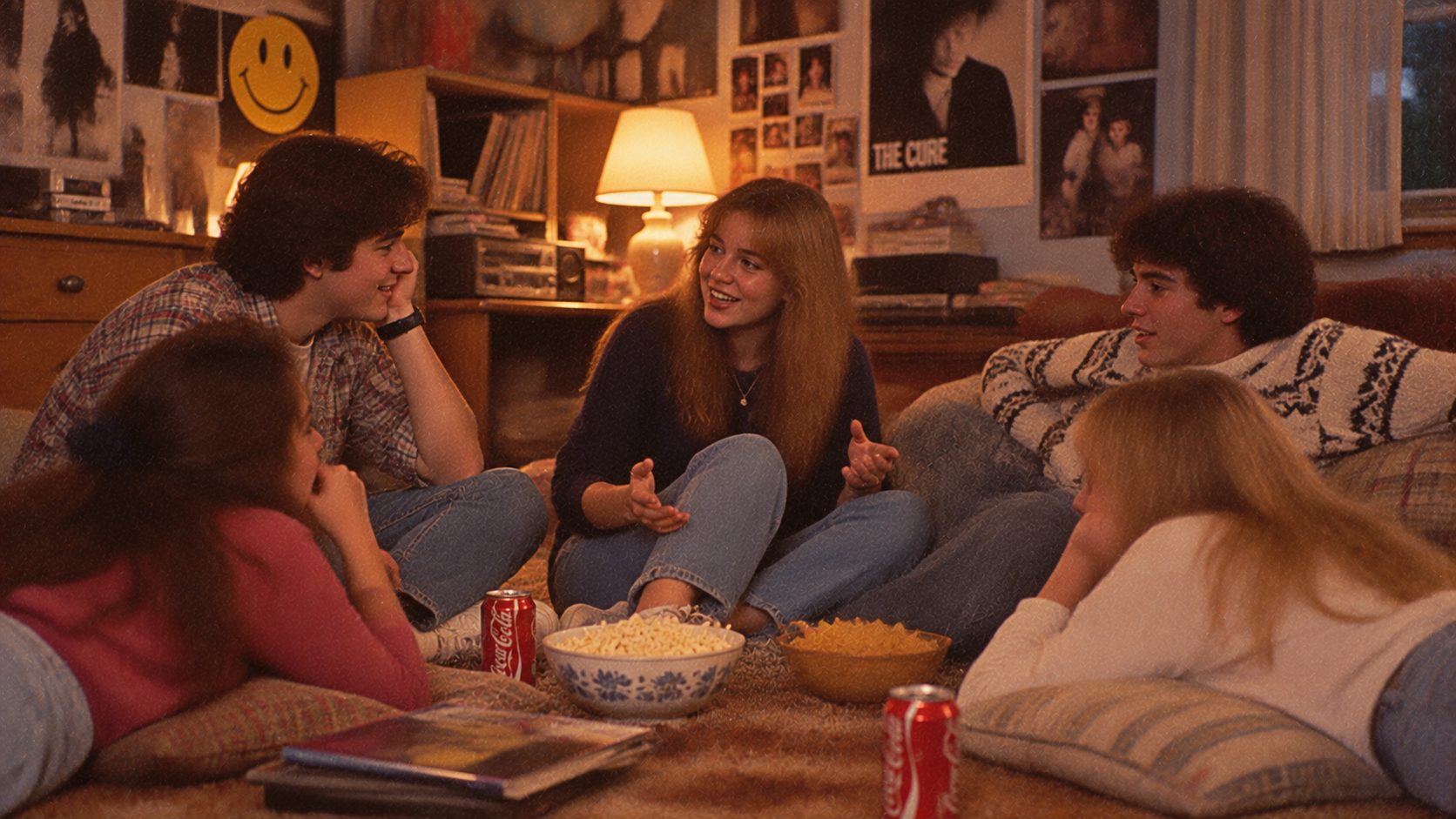 Five teenagers sitting in a circle on the floor of a bedroom, talking and eating snacks.