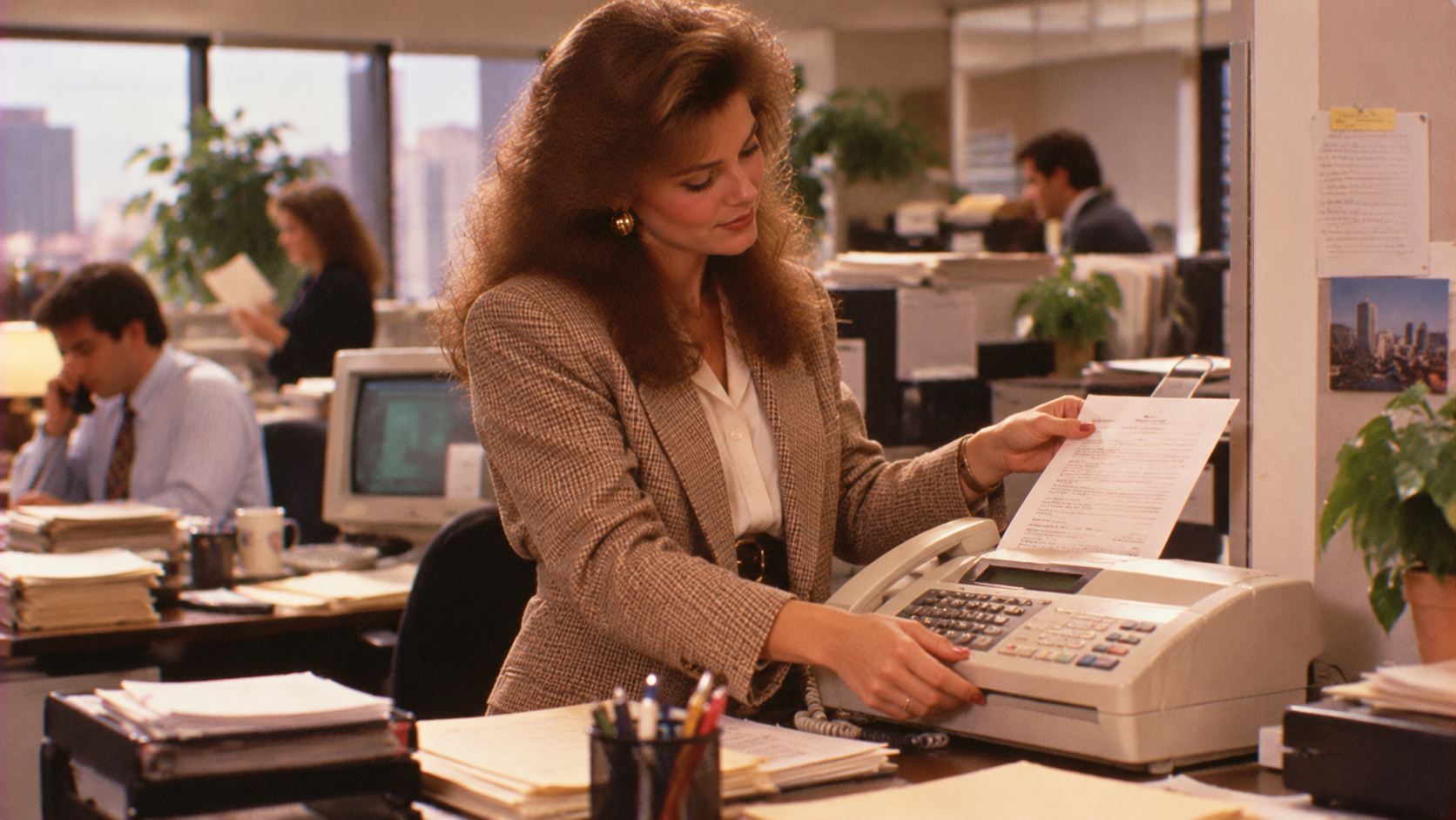 A woman in business attire uses a fax machine in a busy office with desks, papers, and plants. Other people work in the background.