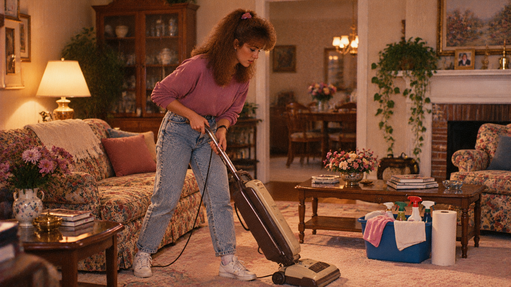 A woman in a purple sweater and jeans vacuums a carpeted living room.