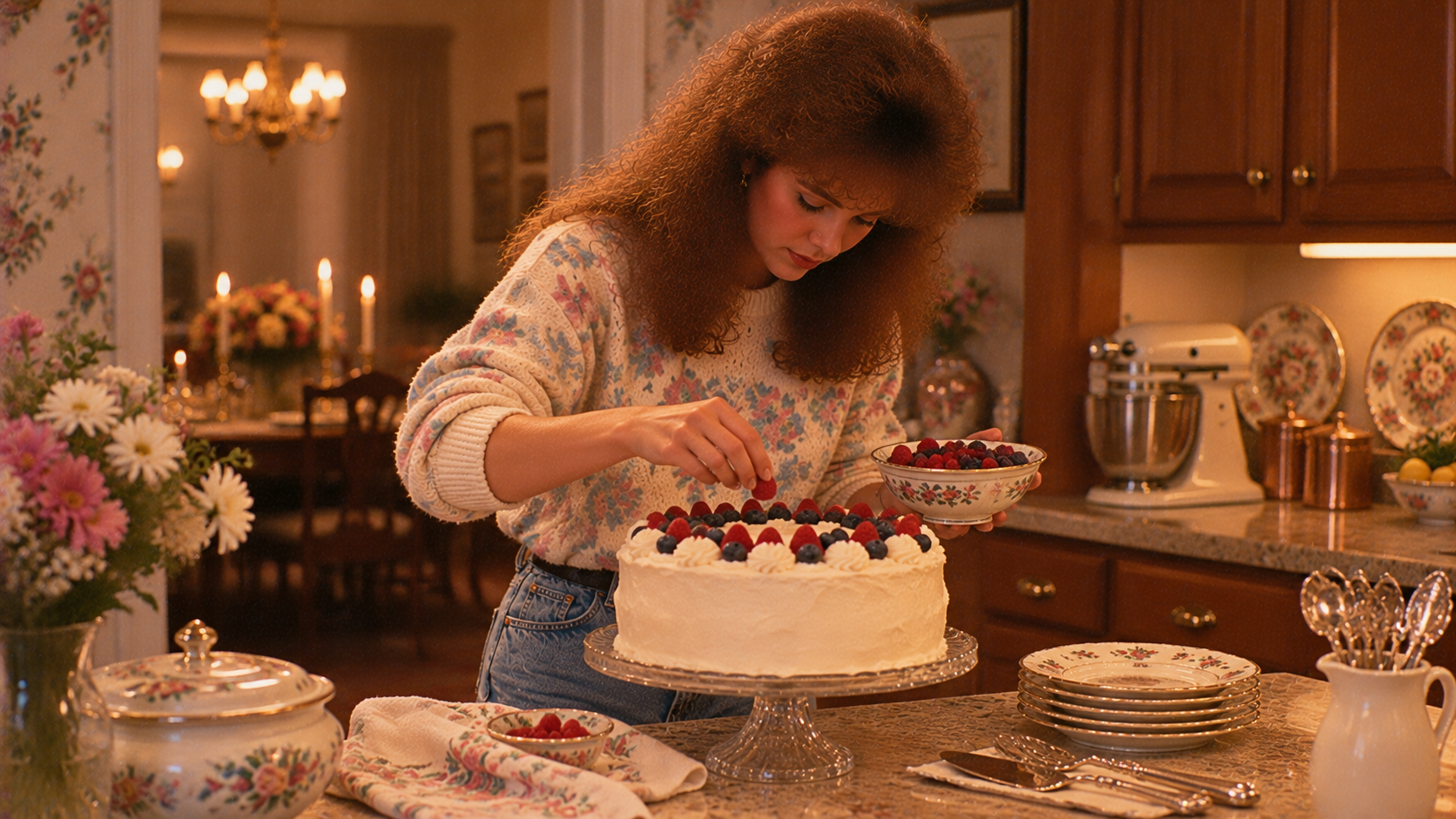 A person with voluminous brown hair wearing a floral sweater decorates a frosted cake with fresh berries in a kitchen.