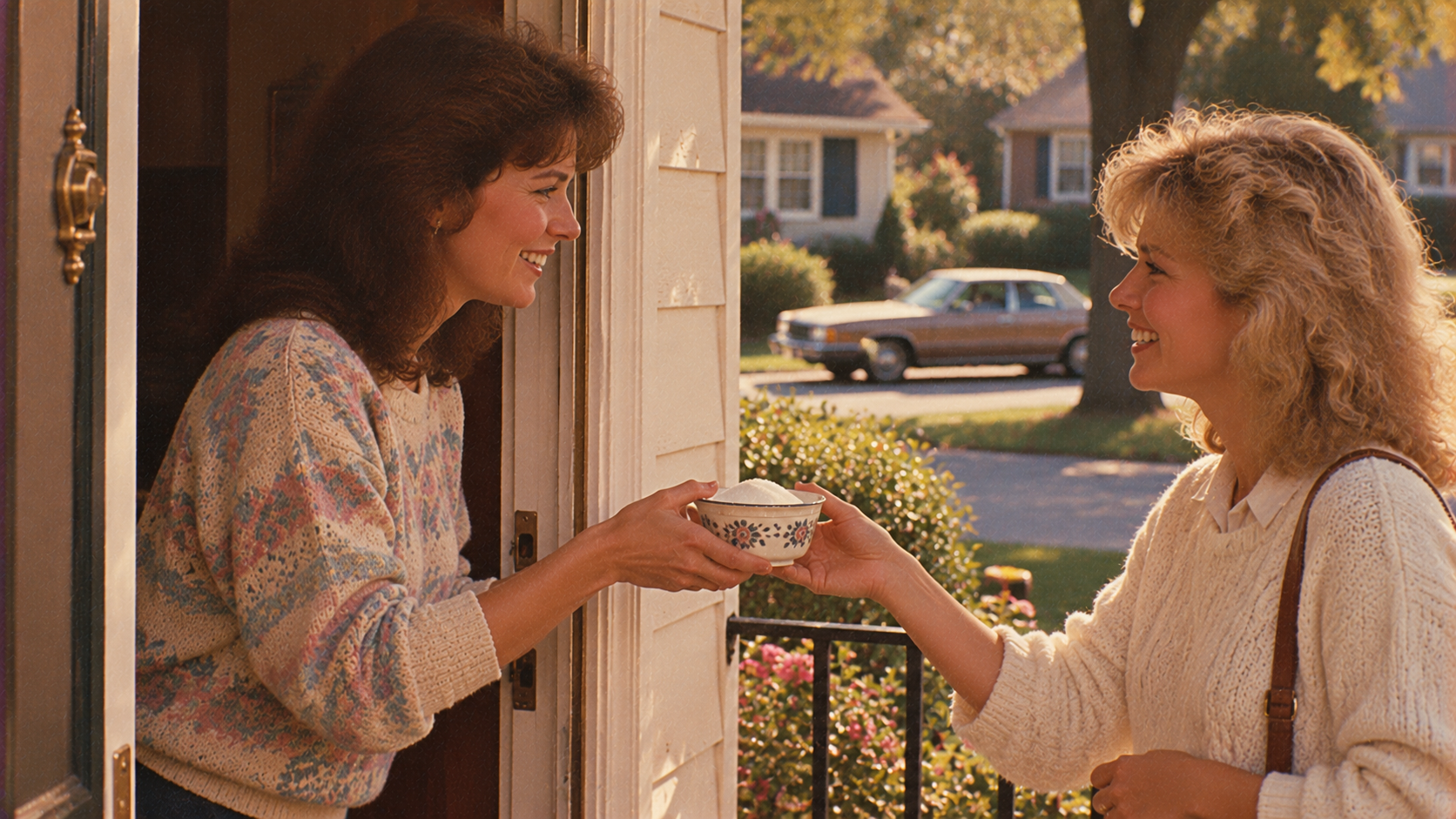 A woman at her front door hands a small bowl of sugar to her neighbor.