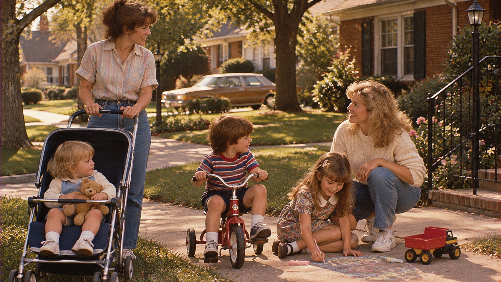 Two women supervise three young children playing on a suburban sidewalk, with one child in a stroller, one on a tricycle, and one drawing with chalk.