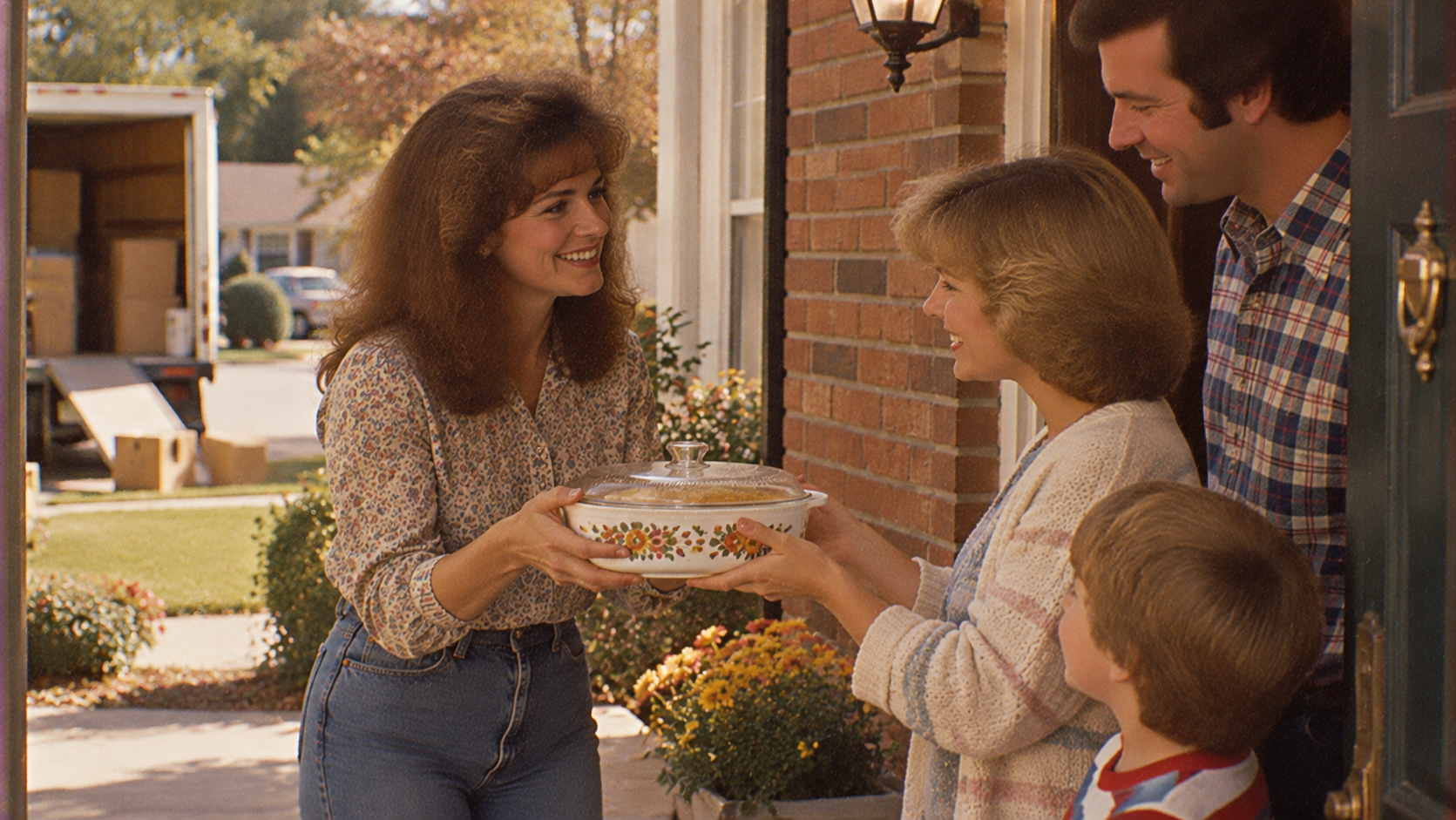 A woman in a floral shirt hands a lidded casserole dish to a family standing in a doorway.