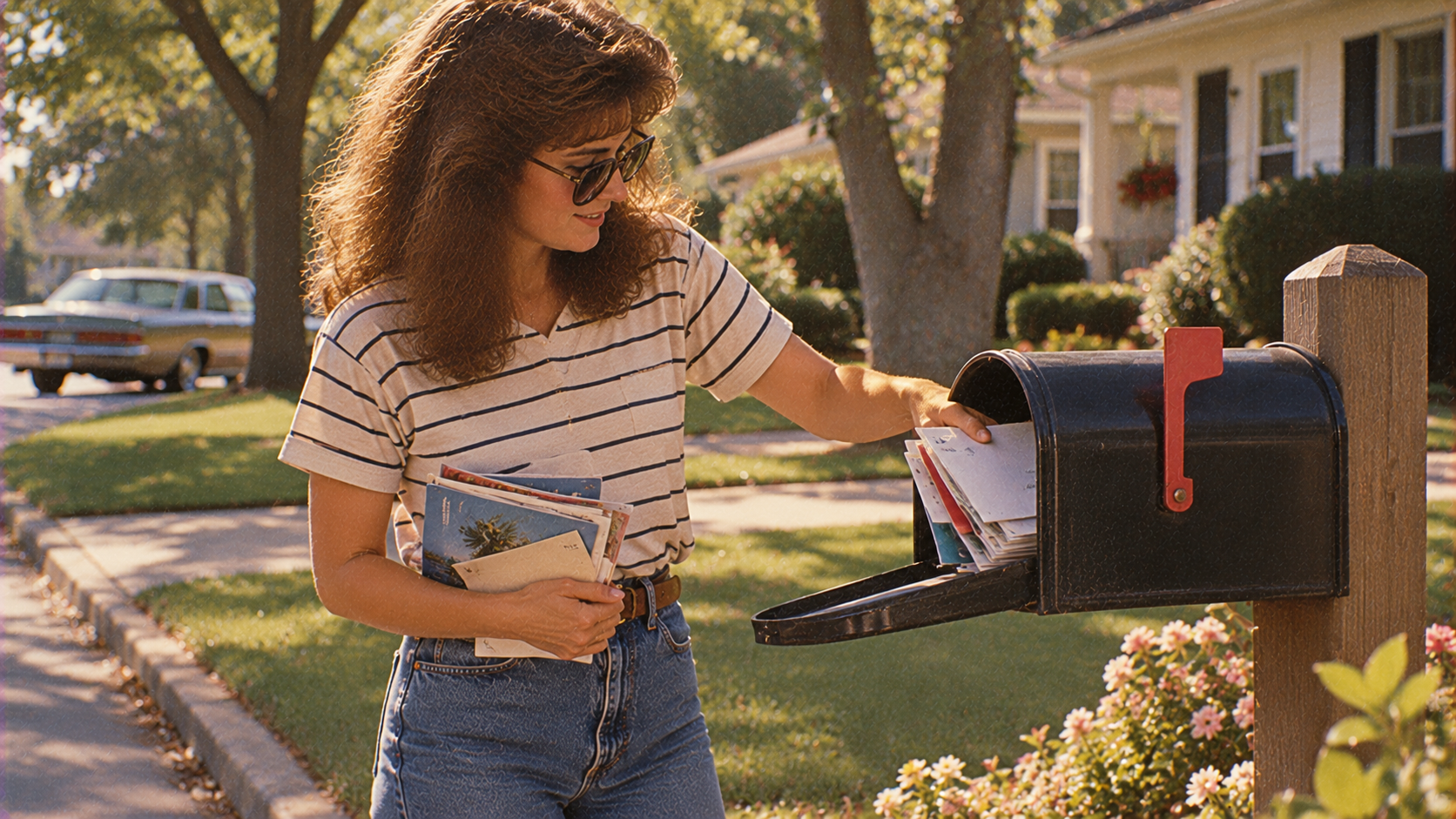 A woman wearing sunglasses and a striped shirt puts mail into a curbside mailbox while holding a stack of envelopes.