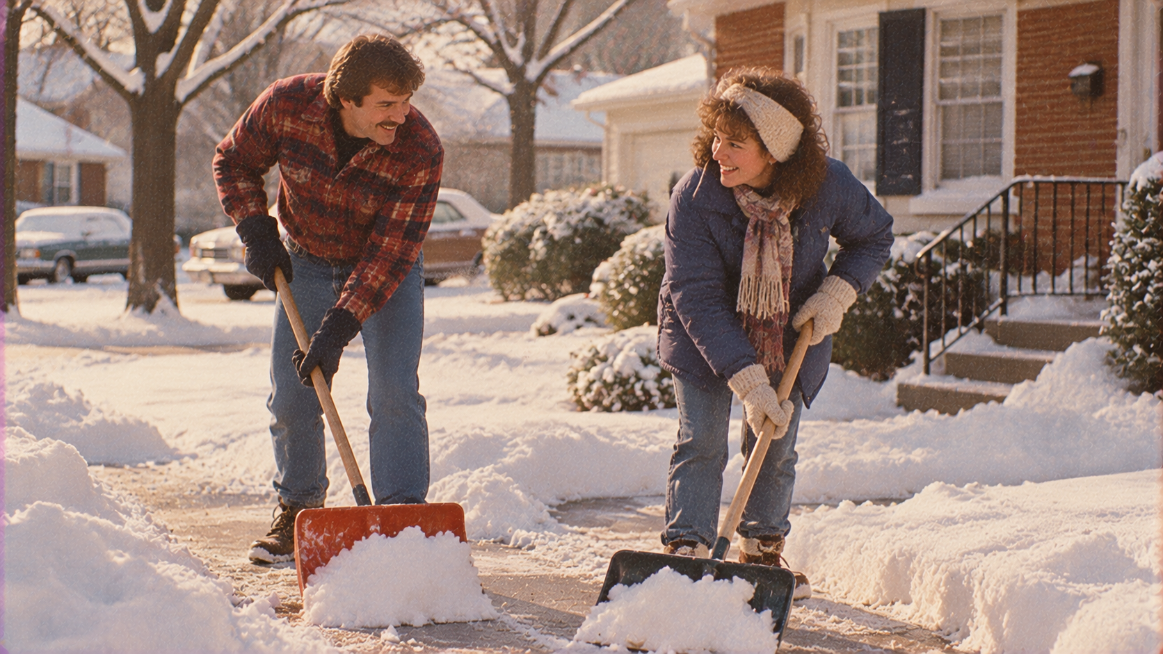 A man and woman smiling at each other while shoveling snow on a driveway in front of a house.