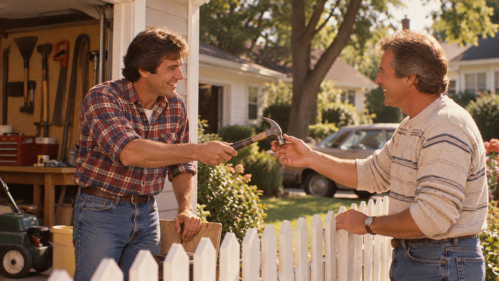 Two men standing on opposite sides of a white picket fence as one hands a hammer to the other.