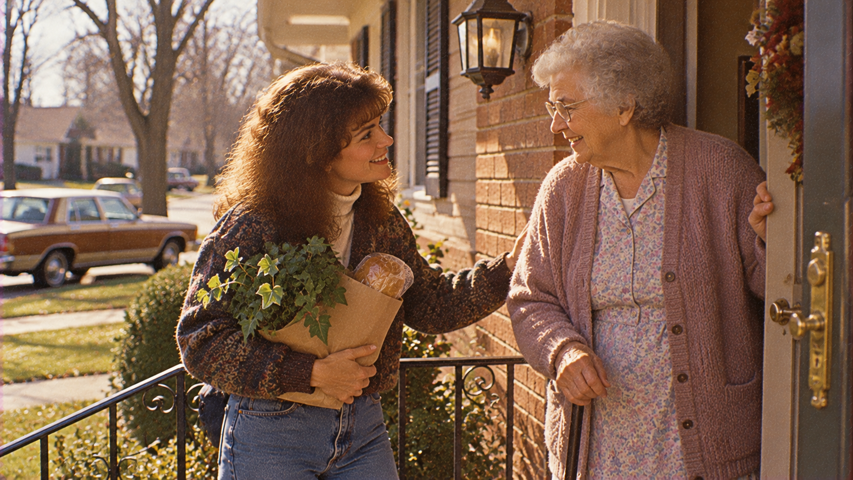A smiling woman holds a paper bag with a plant and bread while visiting an older woman at her front door.