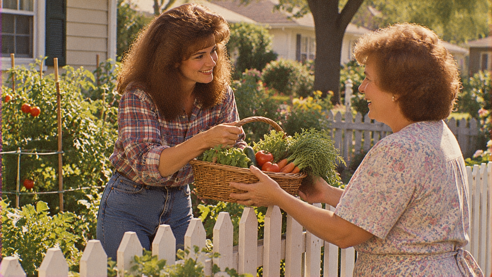 A woman hands a basket of freshly harvested vegetables to another woman over a white picket fence in a garden.