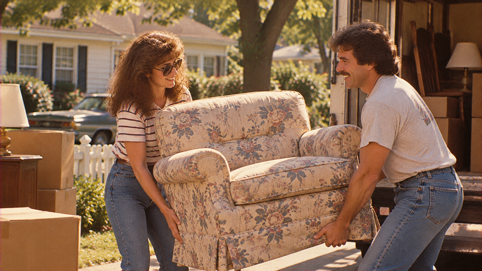 A man and a woman carrying a floral-patterned armchair toward the back of a moving truck.