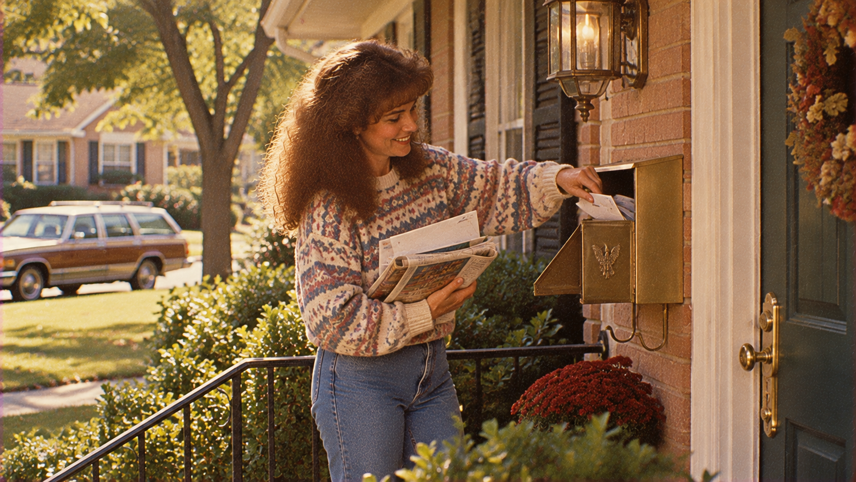 A woman in a patterned sweater puts mail into a brass wall-mounted mailbox outside a suburban home.