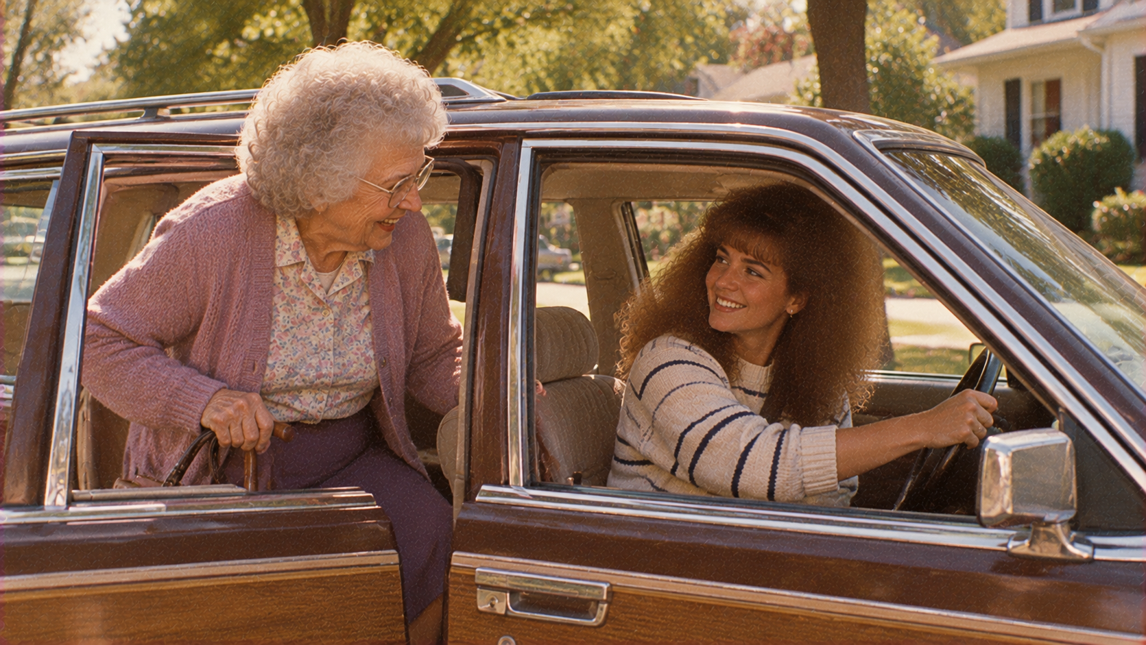 An elderly woman with a cane smiles as she gets into a car driven by a smiling young woman.