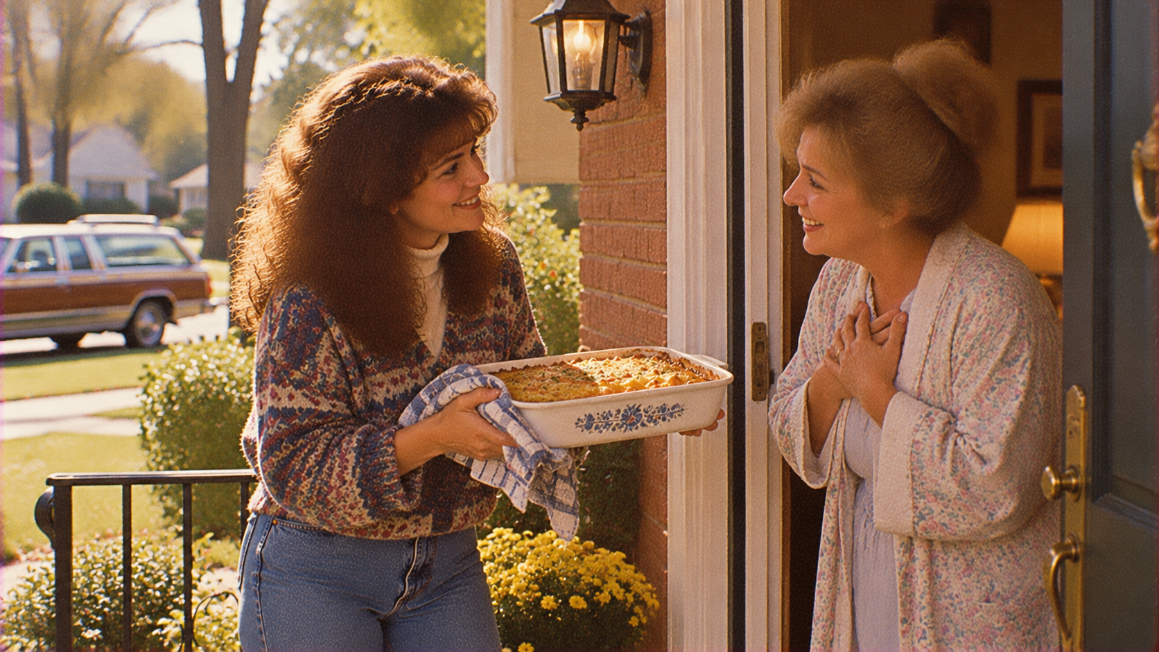 A woman holding a casserole dish greets a woman in a bathrobe at her front door.