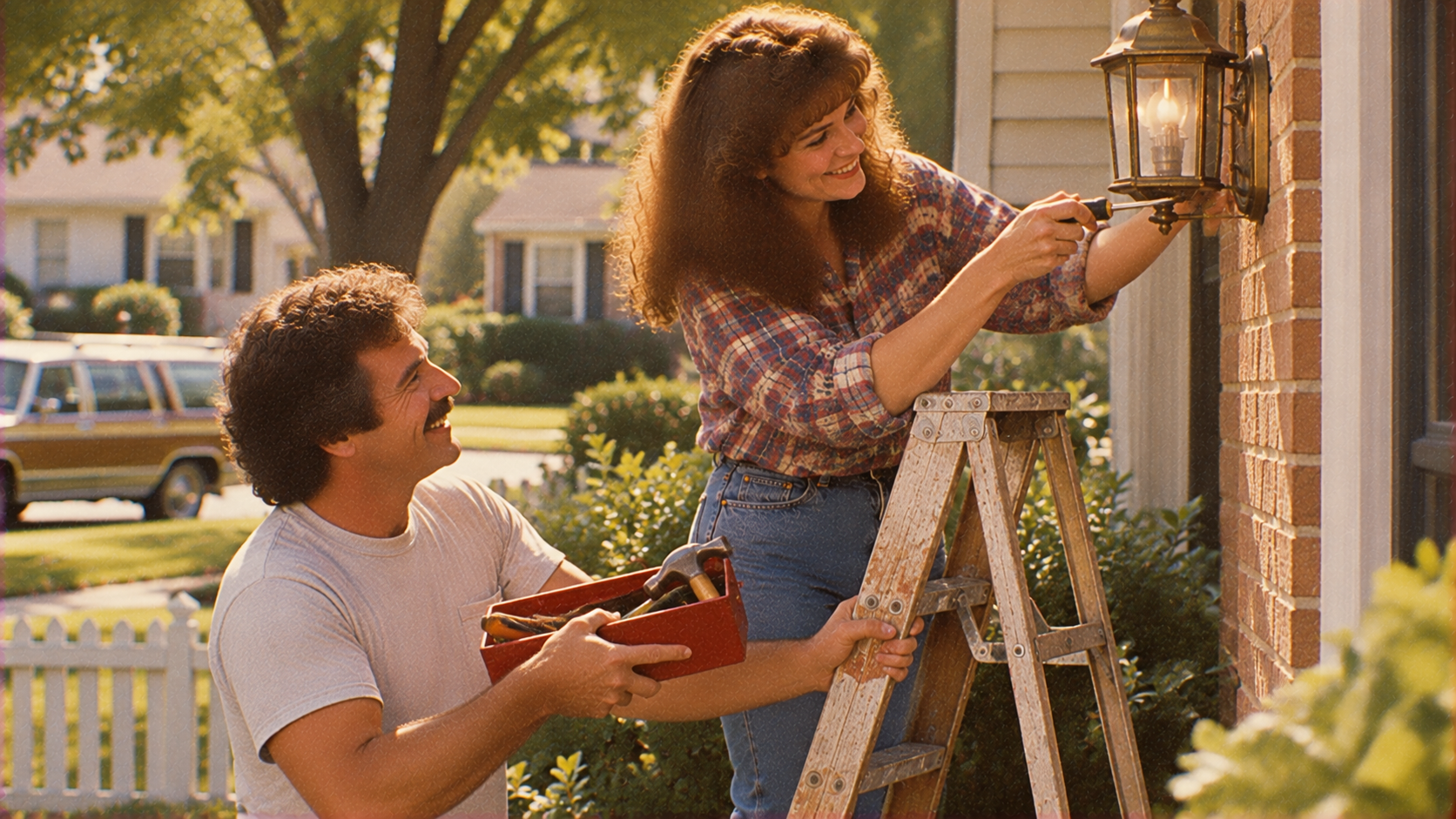 A woman on a step ladder uses a screwdriver to fix an outdoor light fixture while a man holds a toolbox for her.