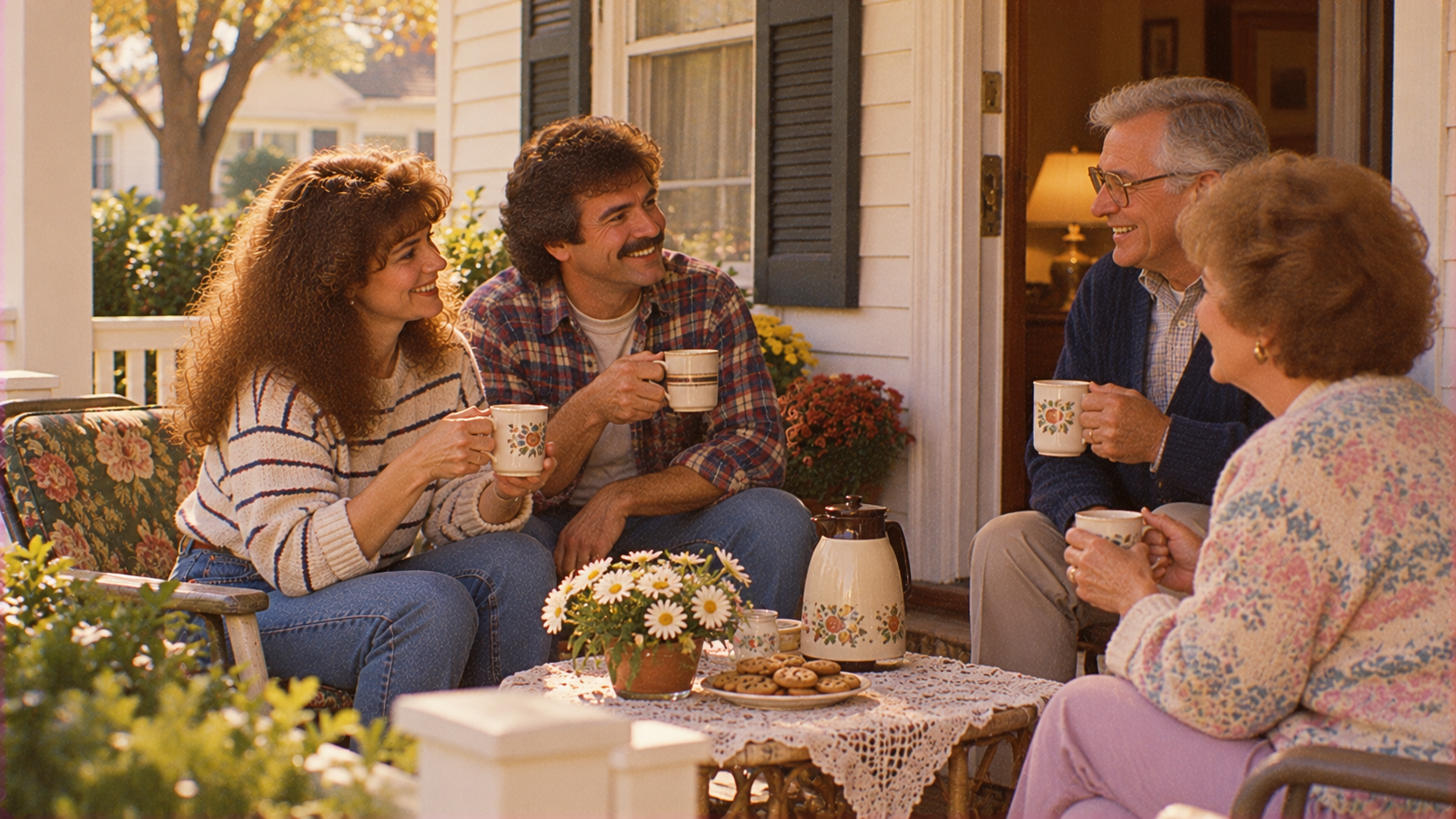 Two couples sit on a front porch drinking coffee and visiting around a small table with daisies and a plate of cookies.