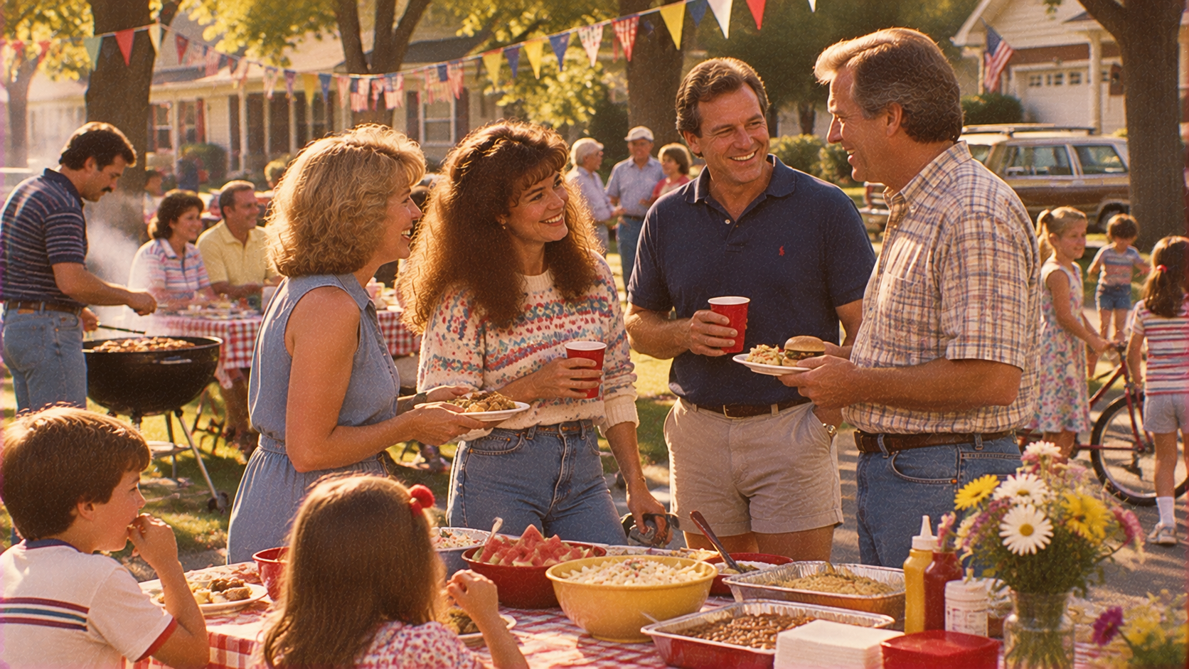 A group of adults talking and eating at an outdoor neighborhood barbecue, with children nearby.