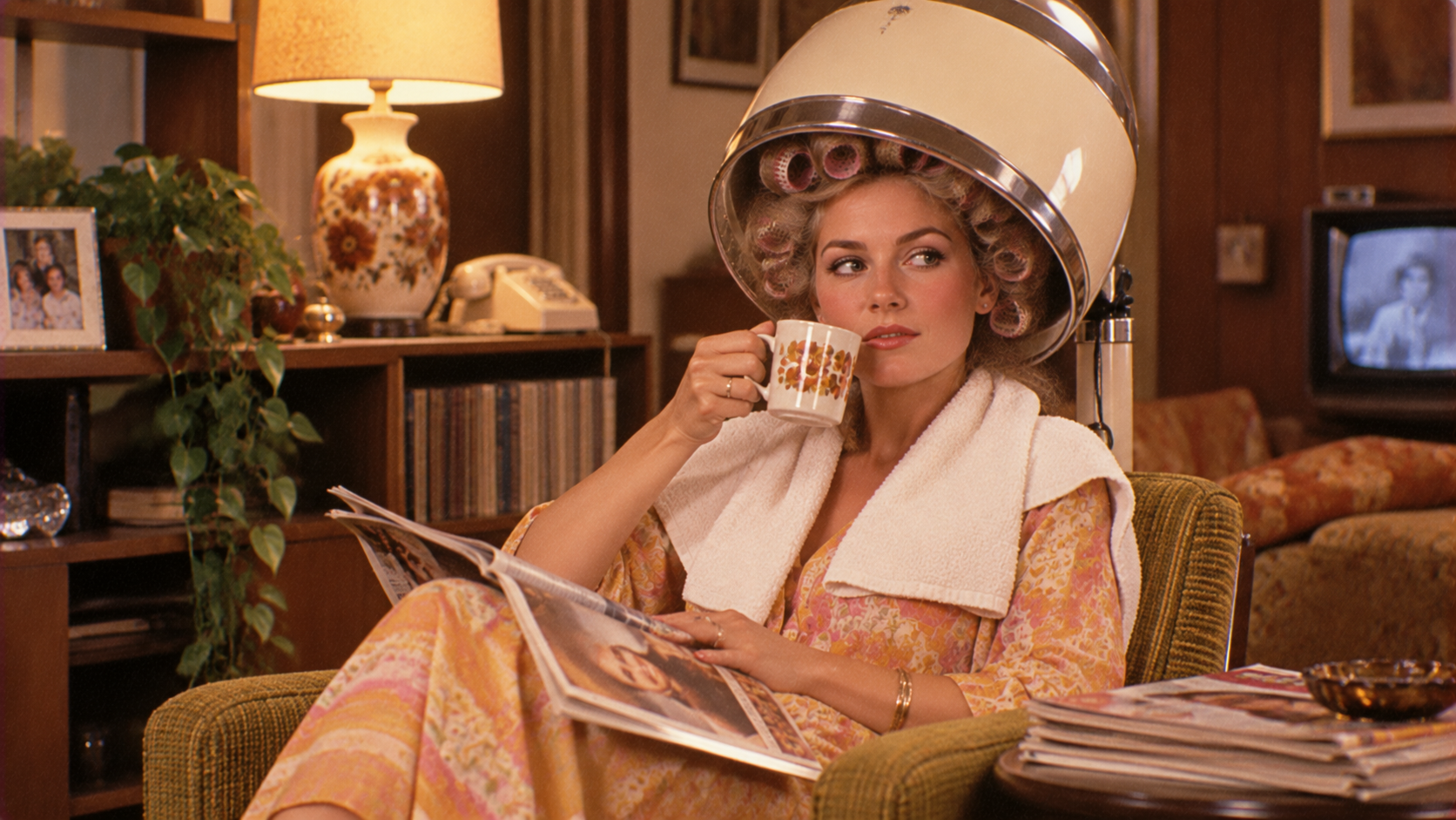 A woman in vintage clothes sits under a hair dryer, sipping from a mug and reading a magazine in a cozy, retro-style room with a lamp and TV in the background.