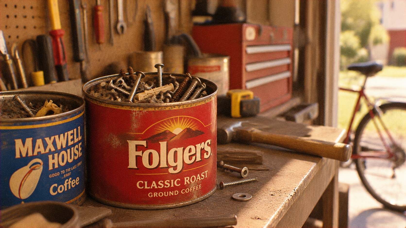 Two coffee cans filled with nails and screws sitting on a workbench in a garage with tools and a bicycle in the background.