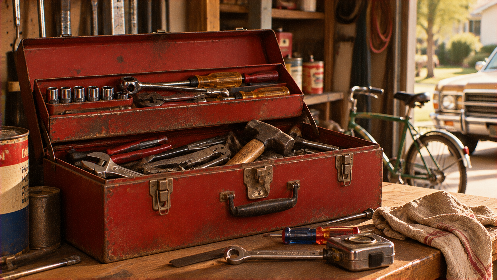 A red metal toolbox sits open on a workbench filled with various hand tools, including wrenches, screwdrivers, and a hammer.