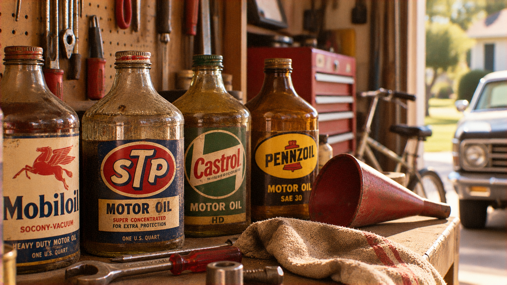Four vintage glass motor oil bottles branded Mobil, STP, Castrol, and Pennzoil sit on a workshop workbench next to a red funnel and a rag.