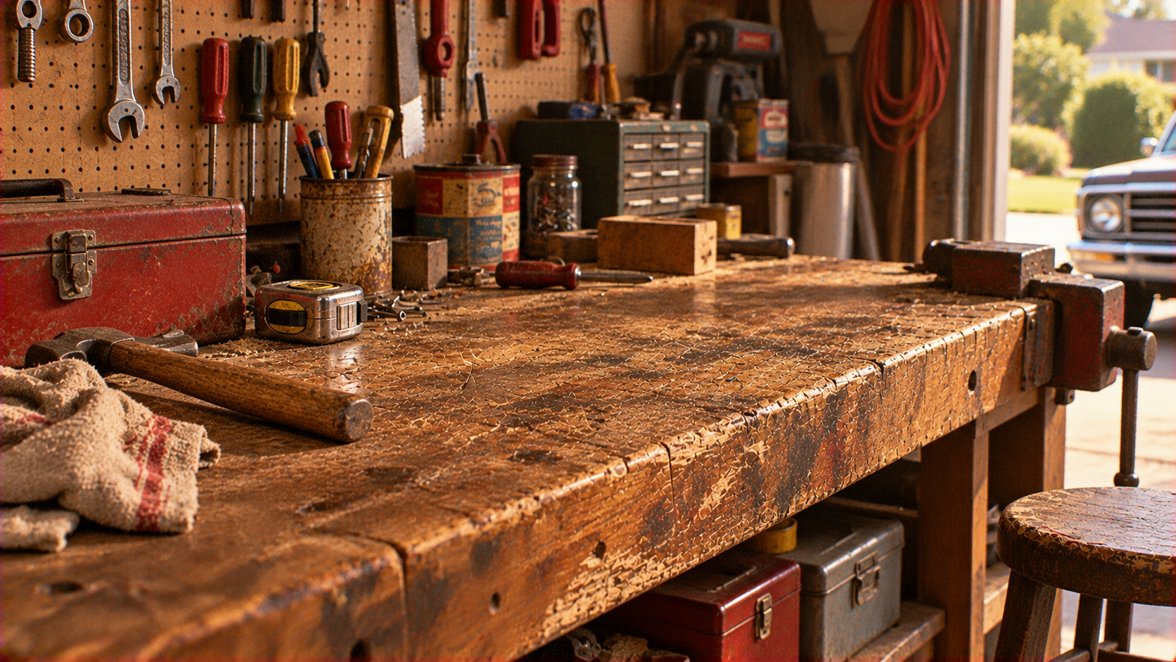 A well-used wooden workbench in a garage with a metal toolbox, measuring tape, and various tools scattered on the surface and hanging on a pegboard wall behind it.