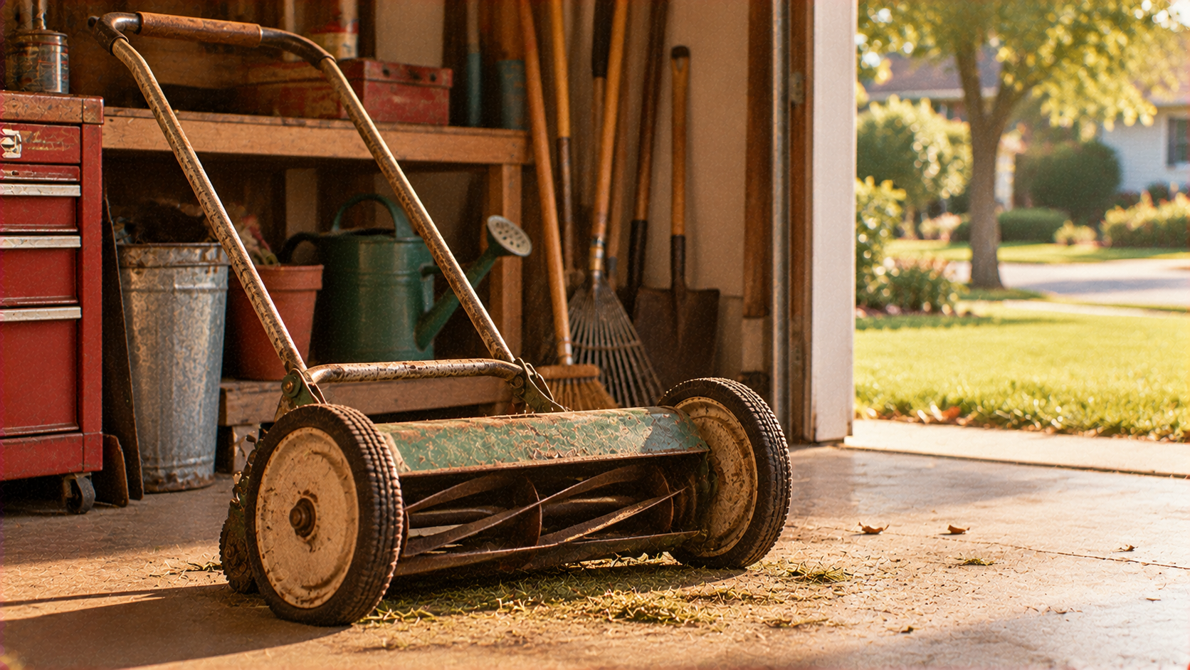 A vintage manual reel lawnmower parked on a garage floor with a suburban neighborhood visible through the open doorway.