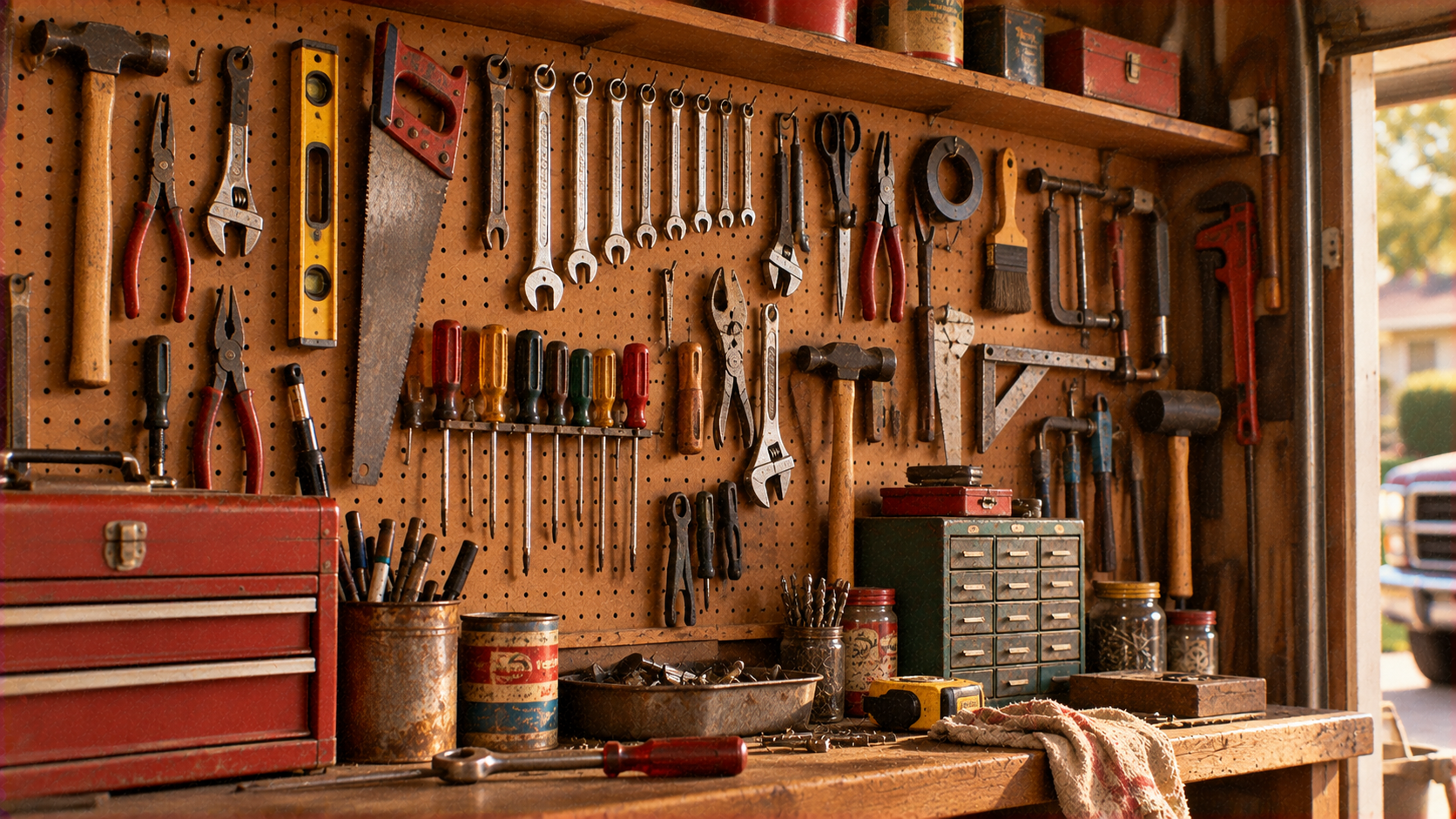 A wooden workbench in a garage with a pegboard wall displaying various hand tools, including wrenches, pliers, screwdrivers, a saw, and a hammer, with a red metal toolbox and metal storage drawers nearby.