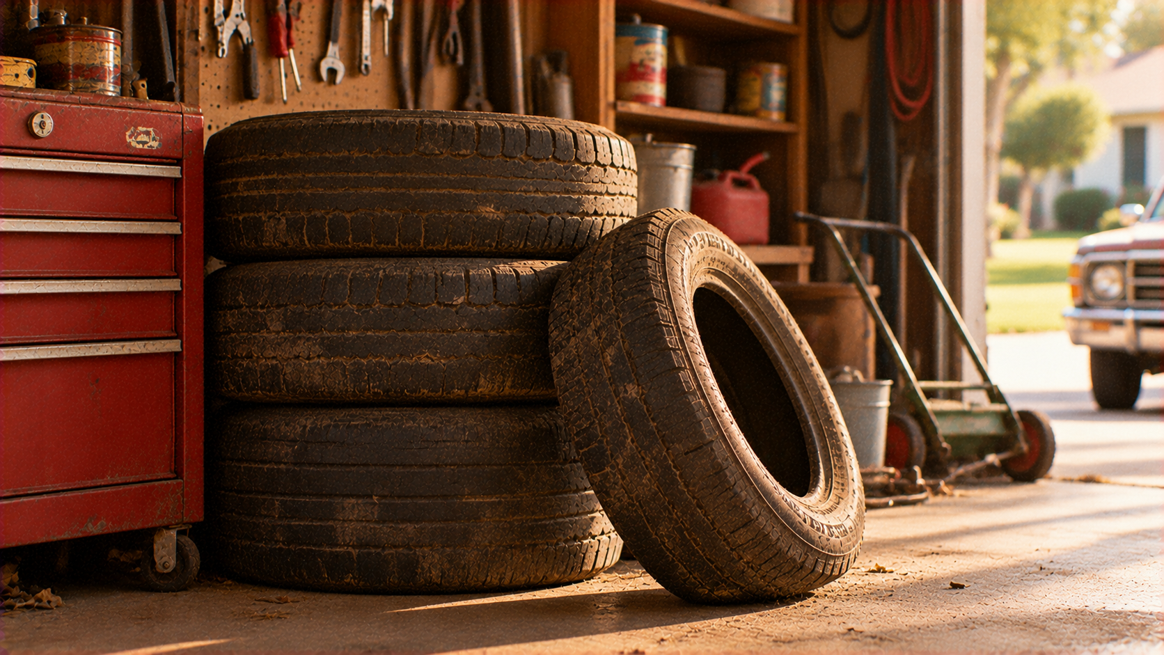 A stack of three used tires sits on a garage floor next to one upright tire, with a red tool chest nearby.