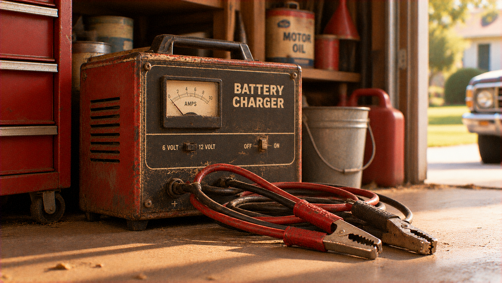 A vintage red and black battery charger with an analog amp meter and jumper cables sitting on a garage floor.