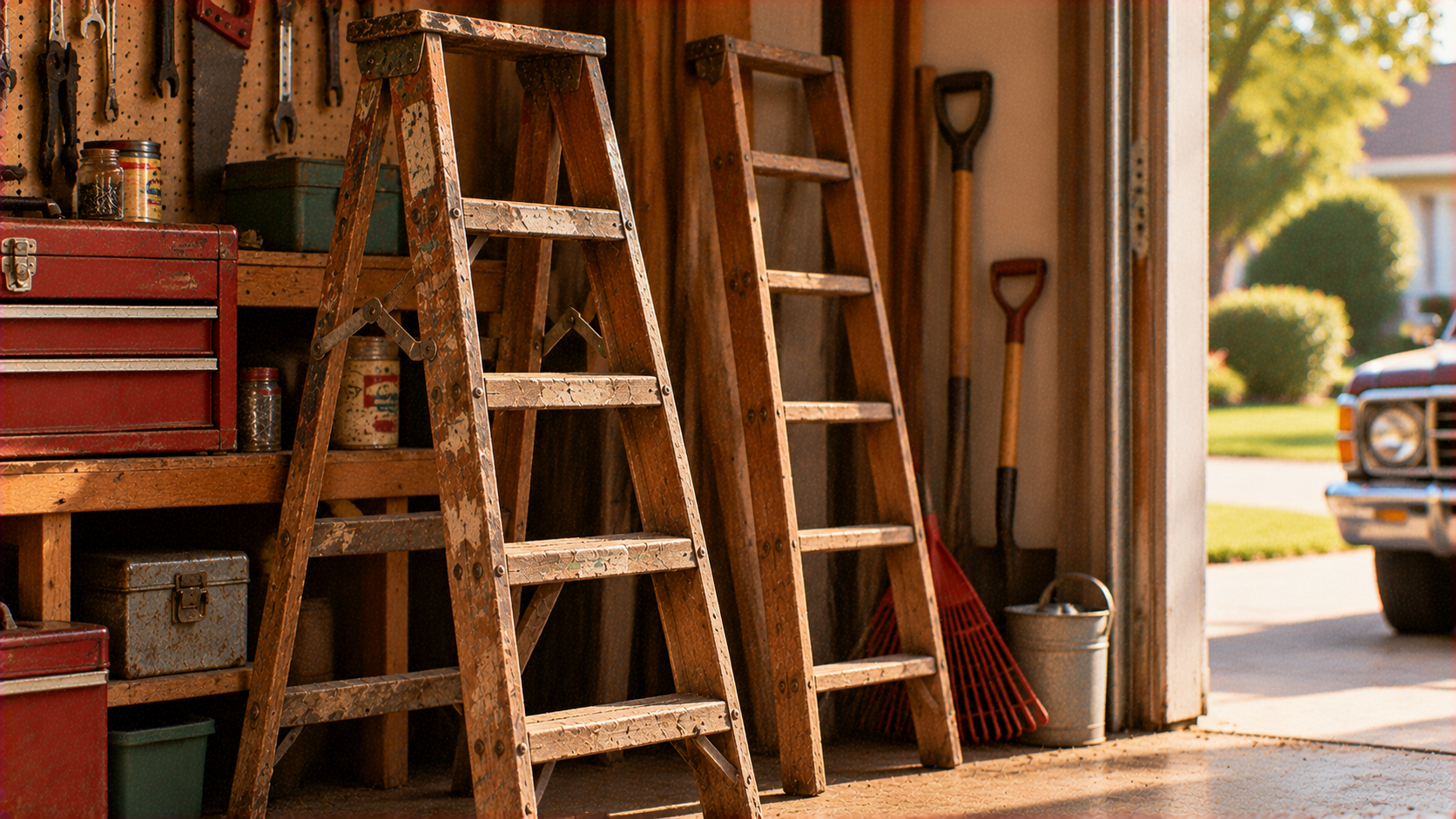 Two wooden step ladders standing in a cluttered garage with tools, a red toolbox, and a rake, with a car visible in the driveway outside.