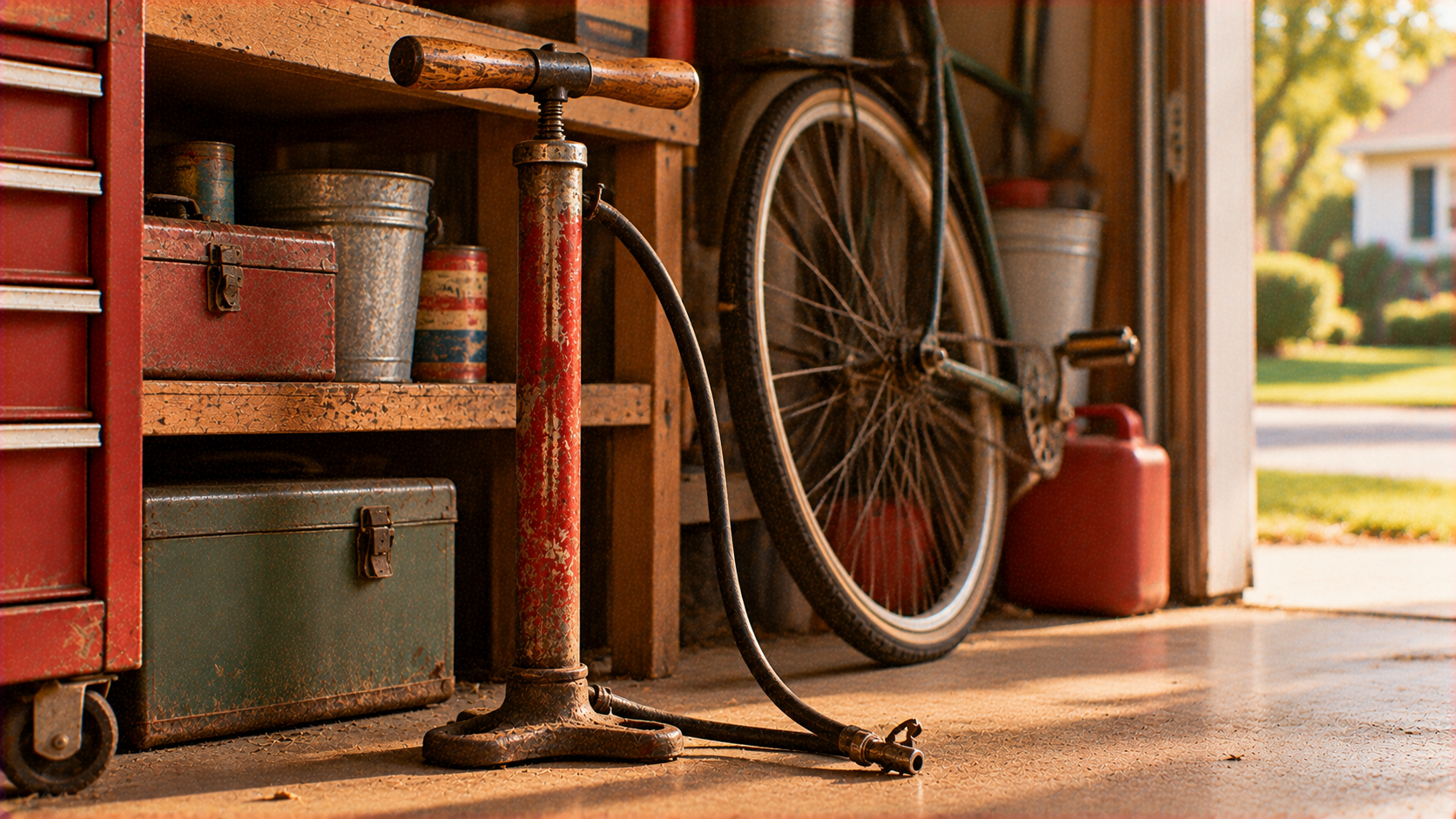 A vintage red floor bicycle pump stands on a garage floor next to a bicycle and shelving with storage bins.